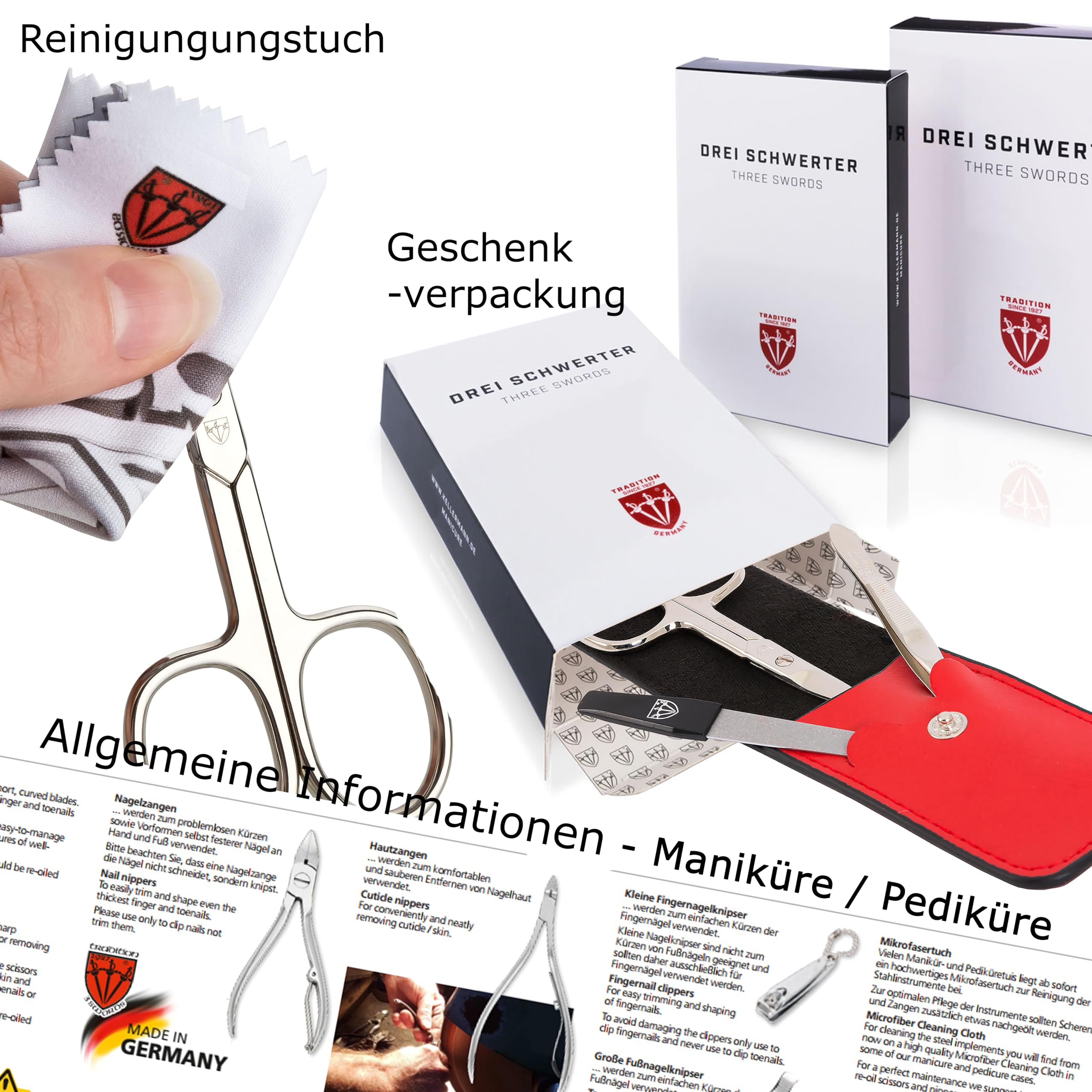 DREI SCHWERTER - Germany Varese - Estuche de uñas (23 piezas, todo en uno) | Juego de uñas de manicura en estuche de piel sintética con aspecto de avestruz | Contenido: tijeras para uñas, alicates,