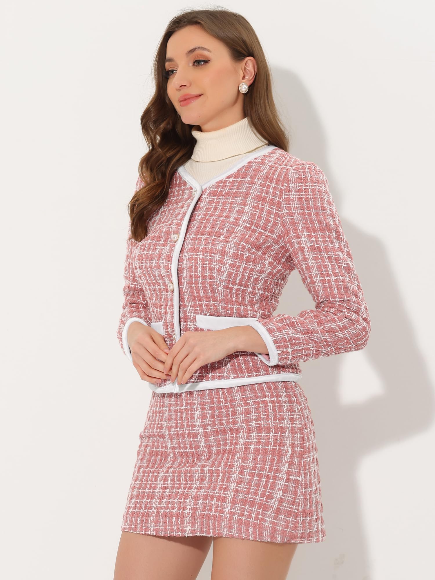 Allegra K Damen Business Anzug Set Zweiteilige Outfits Kariert Tweed Kurzblazer Jacke und Rock Set