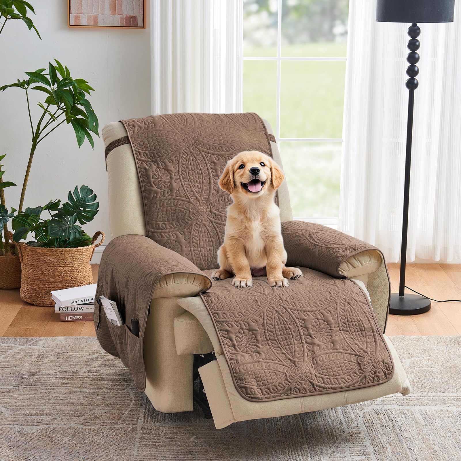 Toffee Quilted TV Recliner Covers, Medium Recliner Chair Covers, Lazy Boy Chair Covers, Pet Friendly Recliner Slipcover for Dogs, Washable Furniture Protector (Recliner 26", Raw Umber)