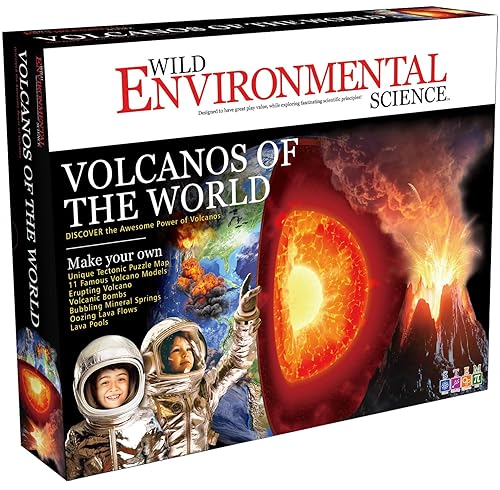 WILD ENVIRONMENTAL SCIENCE Volcanos of the World - Kit de ciencia para mayores de 8 años - Crea 11 volcanes, piscinas minerales, bombas de lava,