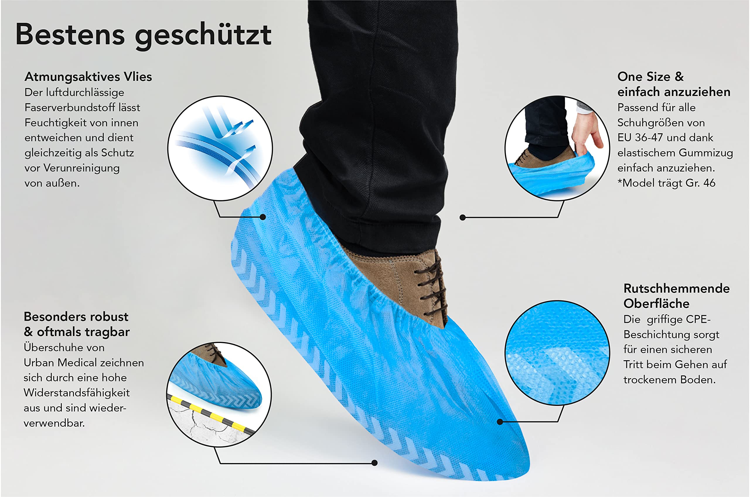 100x Atmungsaktive 6g Einweg/Mehrweg Schuhüberzieher mit rutschfester Sohle - SAFE STEP - Reißfest & durchriebsicher - Überschuhe für In- und Outdoor - ONESIZE
