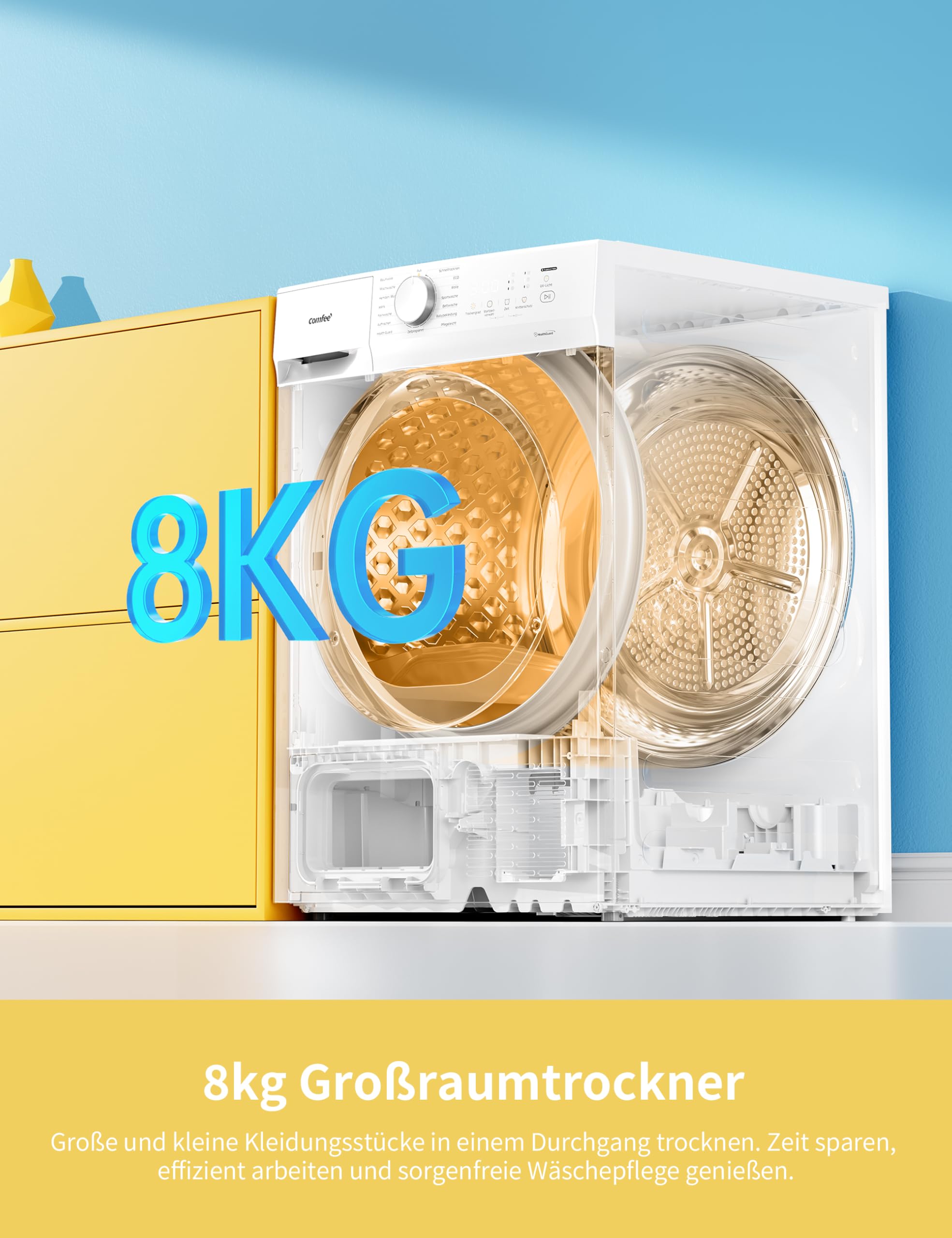 Comfee Wärmepumpentrockner 8kg Energieklasse D mit Wärmepumpentechnologie UV-Licht LED-Display Schnelltrocknen CD08EHP05W Weiß
