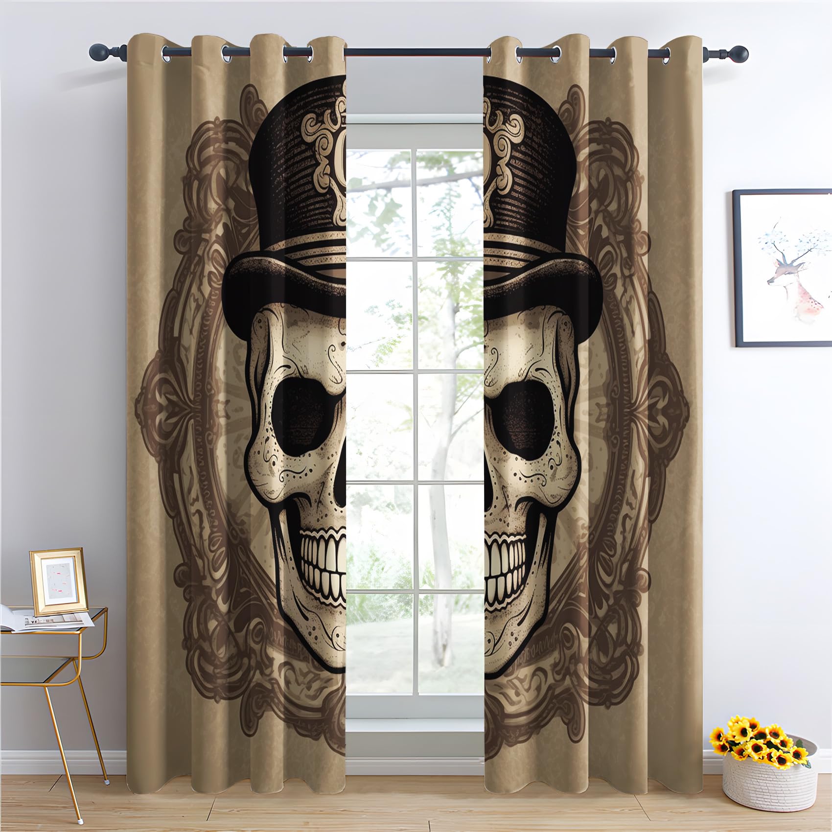 Rideau Occultant Tête de Mort, Rideaux Thermiques à Oeillets pour Chambre, Motif Horreur Gothique Rideaux Salon, Moderne Lot de 2 Décoration de Fenêtre pour Enfant Fille Garcon Rideaux 140x180cm LxH