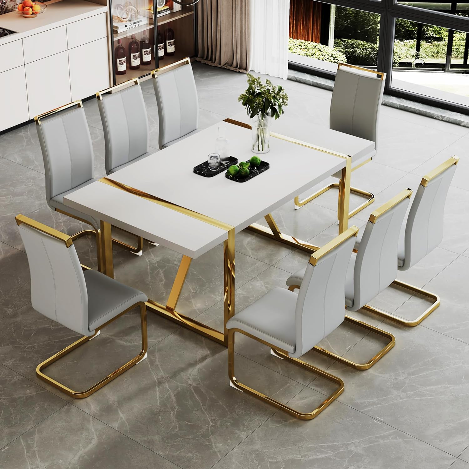 Ebullient White Rectangular MDF Kitchen Table and Leather Dining Chairs ...