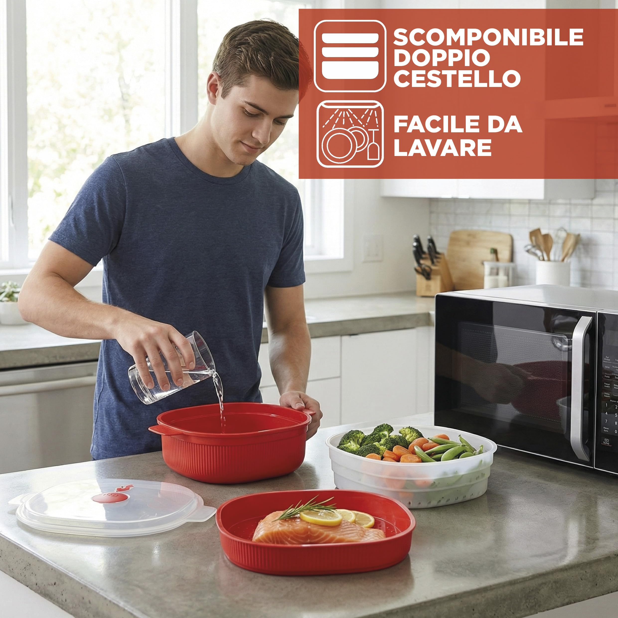 Snips - Vaporiera Microonde Rossa 4L con 2 Vassoi Sovrapponibili per Doppia Cottura a Vapore, Contenitori per Alimenti - Contenitore per Microonde, 26.5x22x13.5 cm, Made in Italy