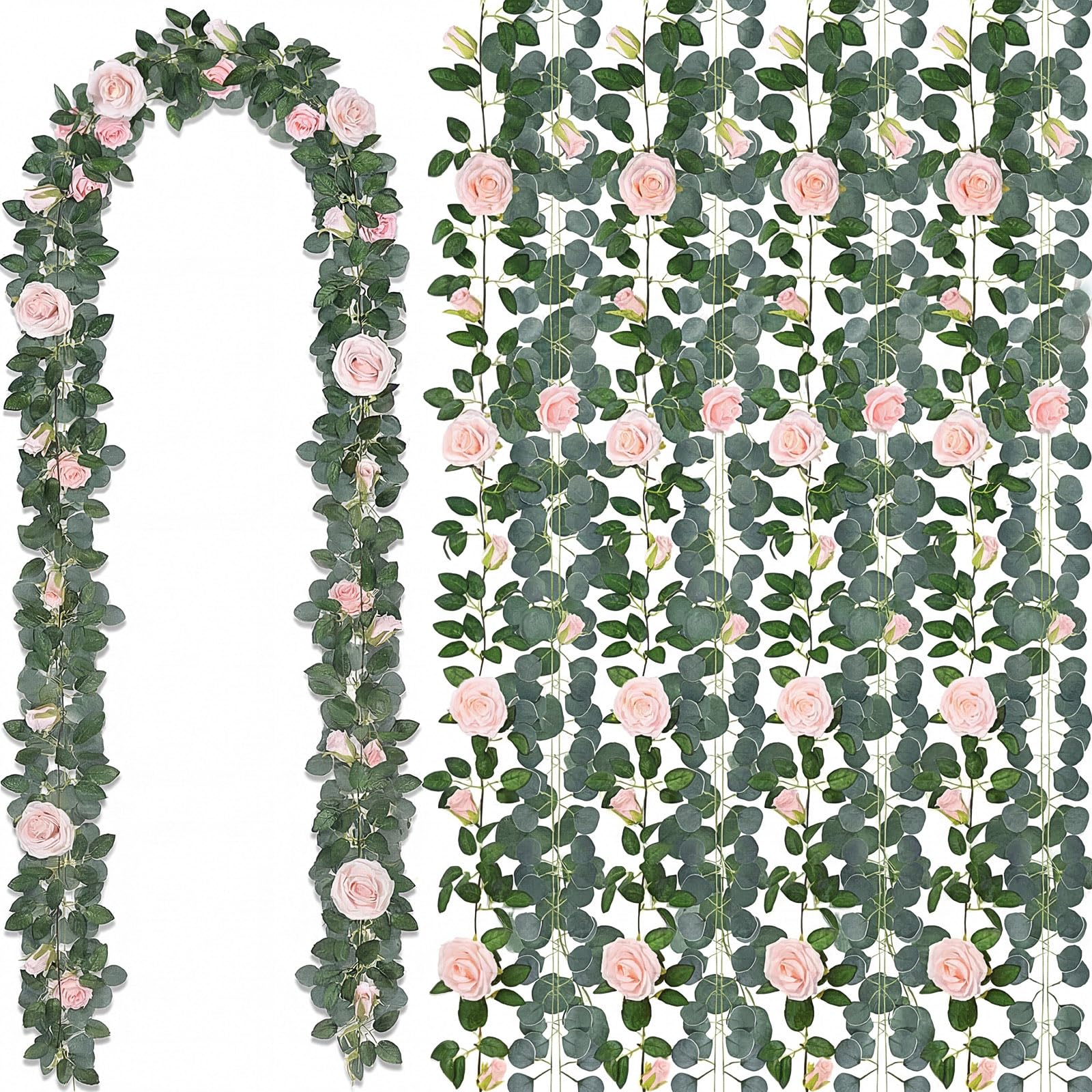 Künstliche Rosenranken-Girlanden, insgesamt 150 m, Silber-Dollar-Eukalyptus-Girlande mit Weidenblättern, künstliche Reben für rustikale Hochzeit, Babyparty, Tisch, Kaminsims, Heimdekoration, 10