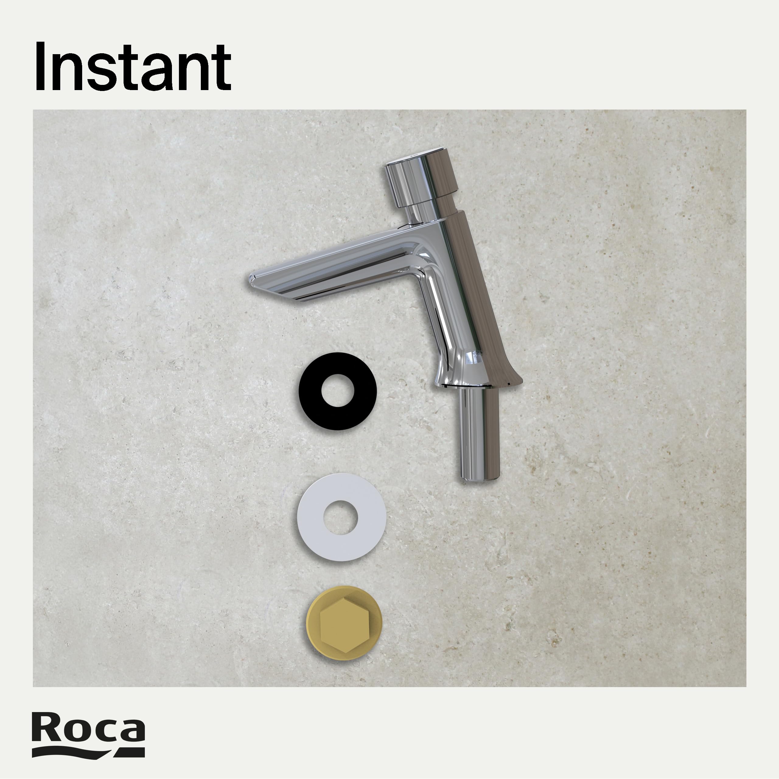 Roca Instant Grifería para lavabo temporizada, grifo monomando de repisa con pulsador, mezclador para cuarto de baño con limitador de caudal y cierre automático en 15 segundos, cromado, A5A4277C00