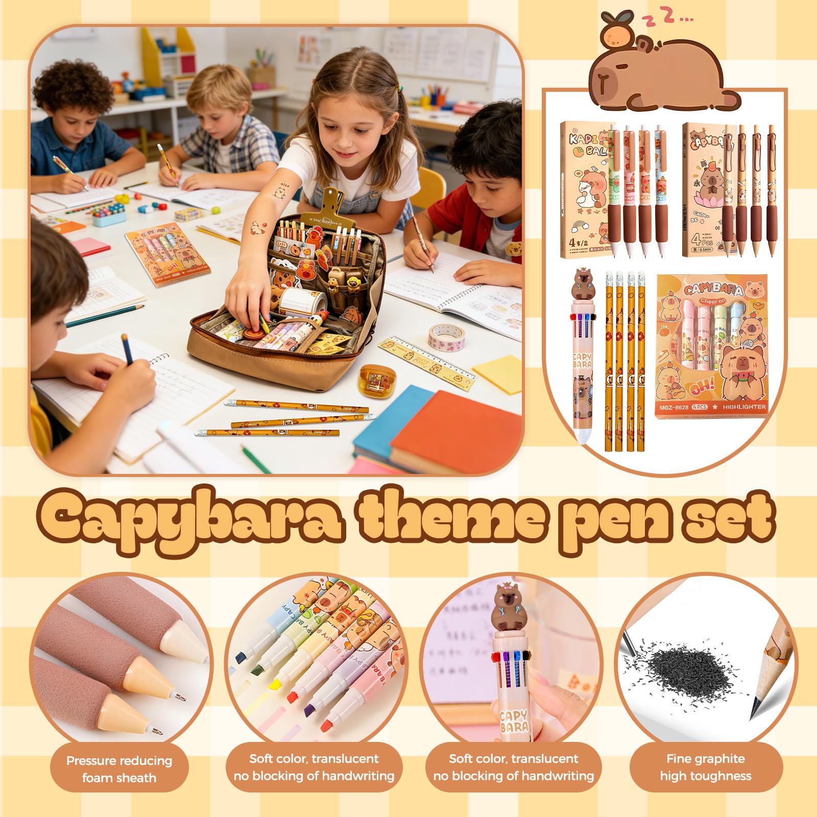 71 Pièces Capybara Papeterie, Trousse Capybara Avec Fourniture, Stylo Capybara Avec Stylos, Autocollants, Règles Cadeau Pour Étudiants Pour Enfants, Étudiants, École