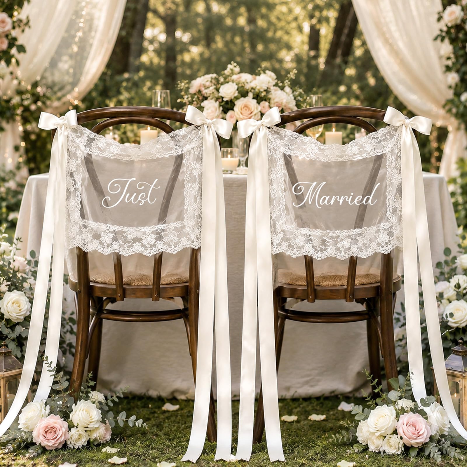 Just Married Wedding Chair Signs, Sheer Lace Bride & Groom Chair Back Decor with Ribbons Sweetheart Table Decoration for Reception & Photos (white)
