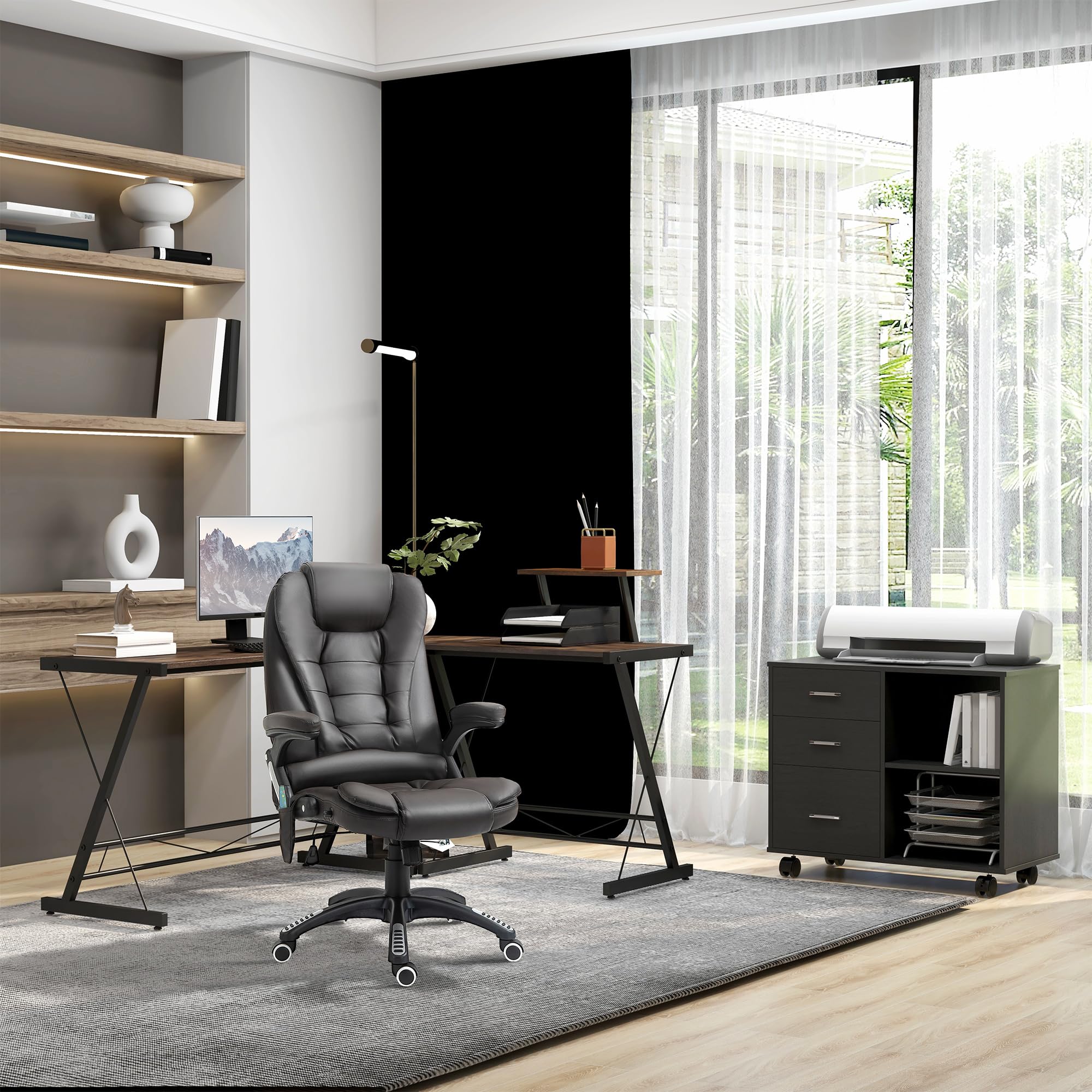 HOMCOM Support d'imprimante Organiseur Bureau Caisson 3 tiroirs + 2 niches + Grand Plateau Panneaux Particules Noir