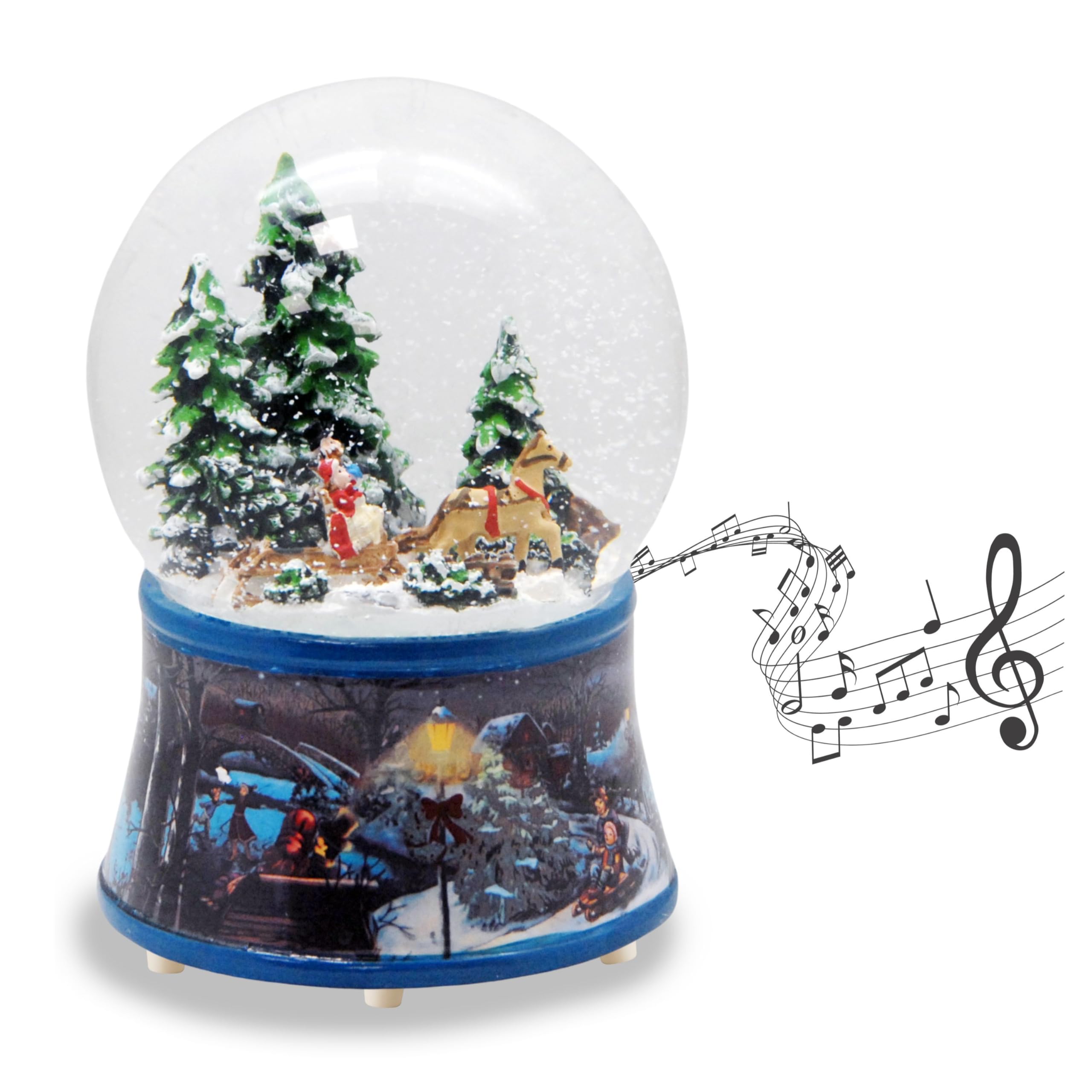 Schneekugel Schlittenfahrt mit Pferdekutsche * auf Sockel nostalgische Winterlandschaft dunkelblau Eisläufer Weihnachten Winter mit Spieluhr - 100mm breit | 20091