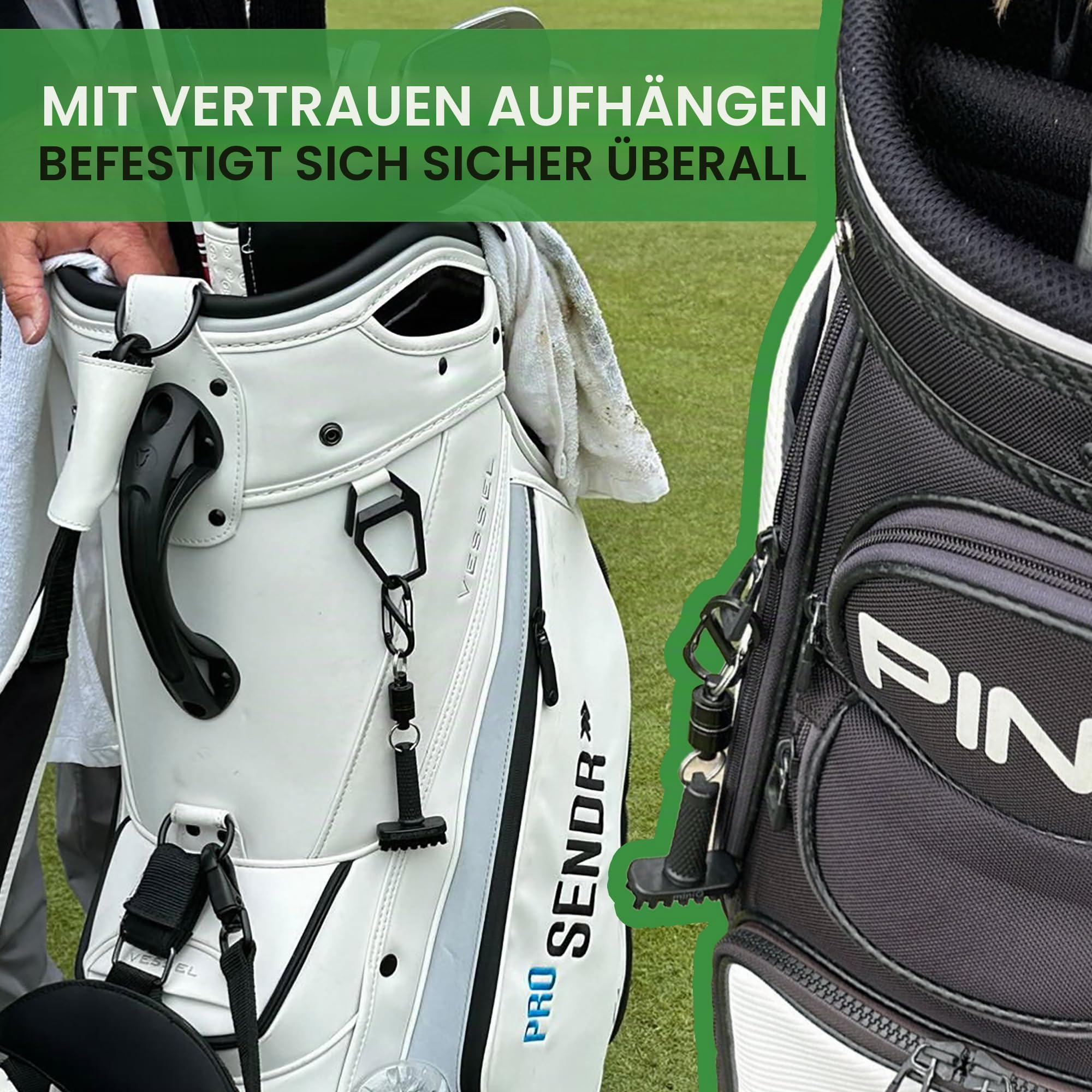 Grooveit Mini-Golfbürste. Der kleine MiniG Dry Scrubber verfügt über einen abnehmbaren Magnet, robuste Nylonborsten und 3 Jahre Garantie – verwendet auf Allen professionellen Golftouren –