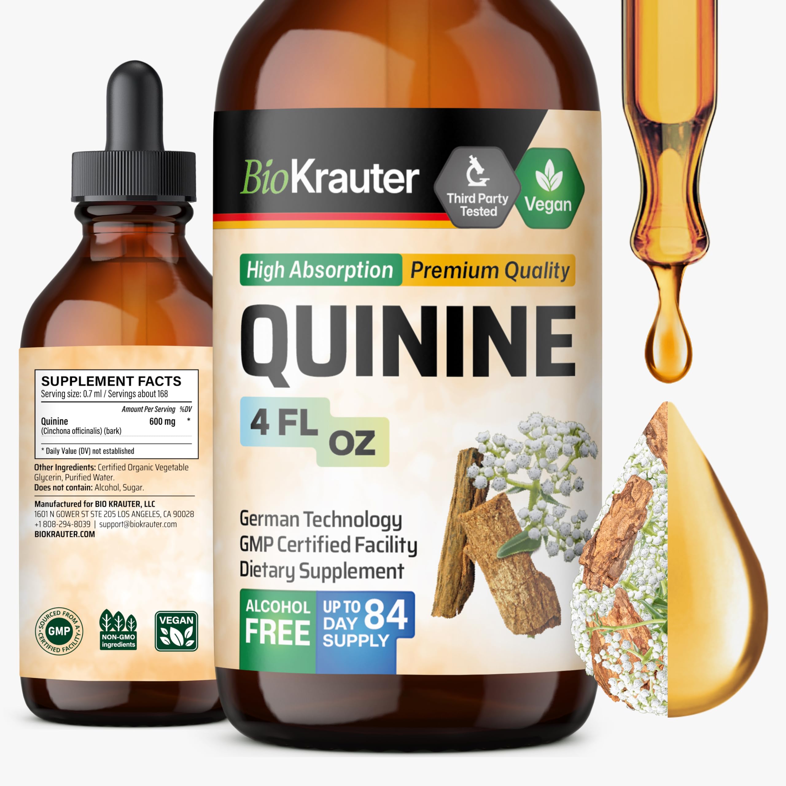 BIO KRAUTER Quinine for Leg Cramps Tincture - Cinchona Bark Extract - Vegan Quinine Liquid - Alcohol & Sugar Free Extract 4 Fl.Oz.