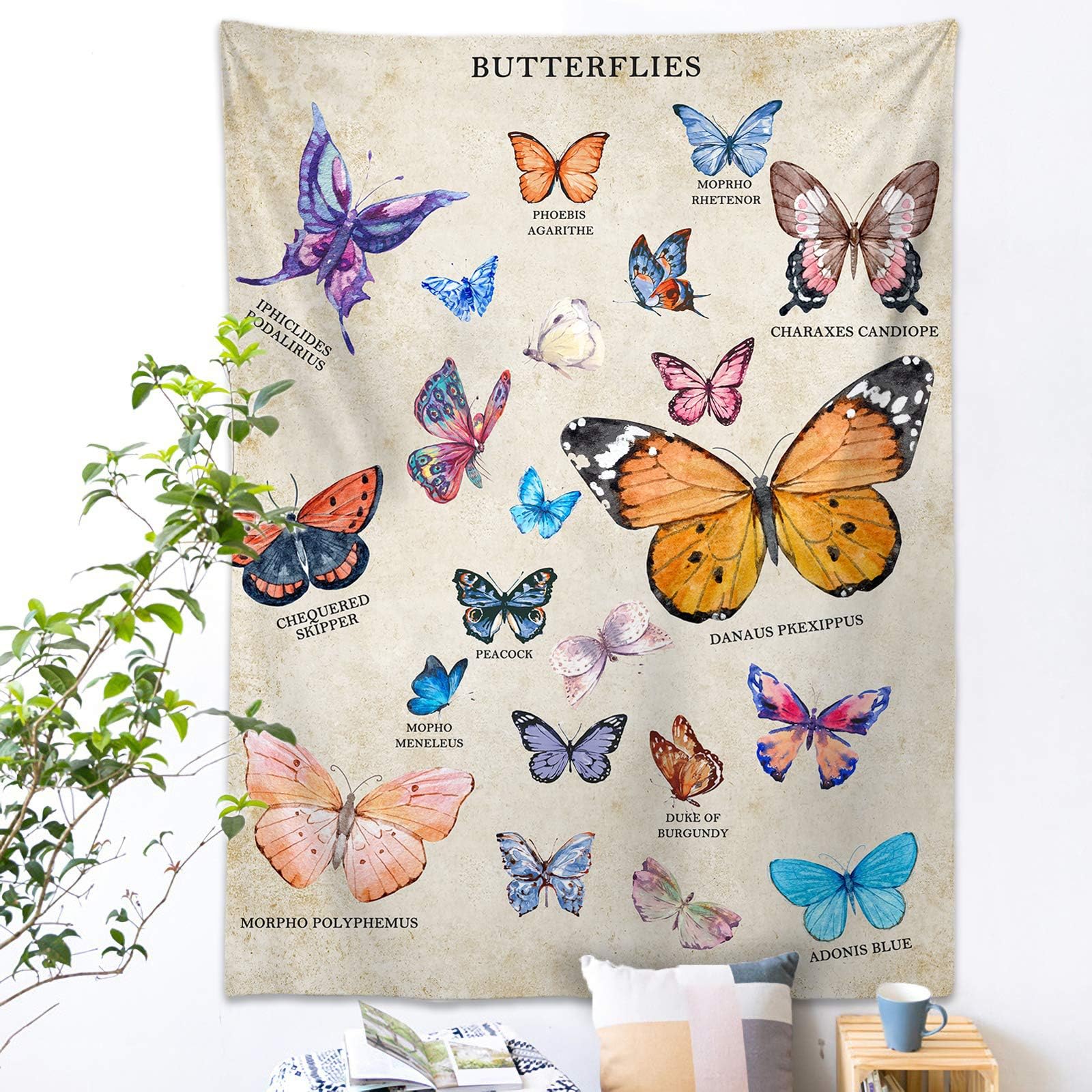 IMANDALE Butterfly Tapestry Aesthetic Wall Hanging Vertical Beige Vintage Tapestry Wall Blanket Room Decor for Bedroom Living Room 60x80 Inches