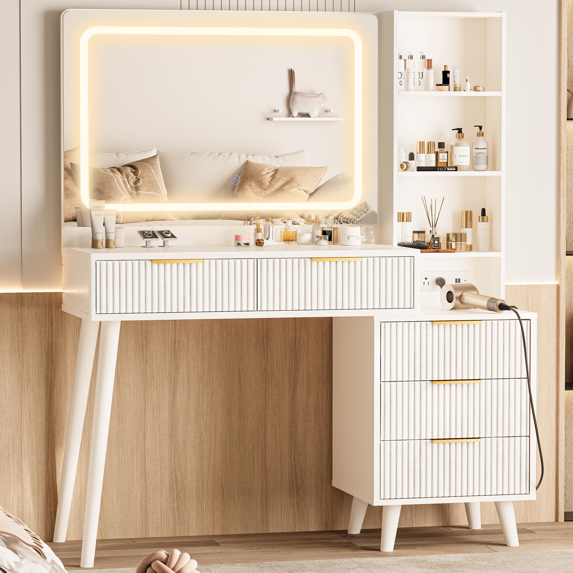 Makeup Vanity Desk with Mirror and Lights, Makeup Vanity with 5 Drawers&Storage Shelves, Vanity Table with Power Outlet, 3 Color Adjustable Lighting Dressing Table Set for Bedroom Ivory