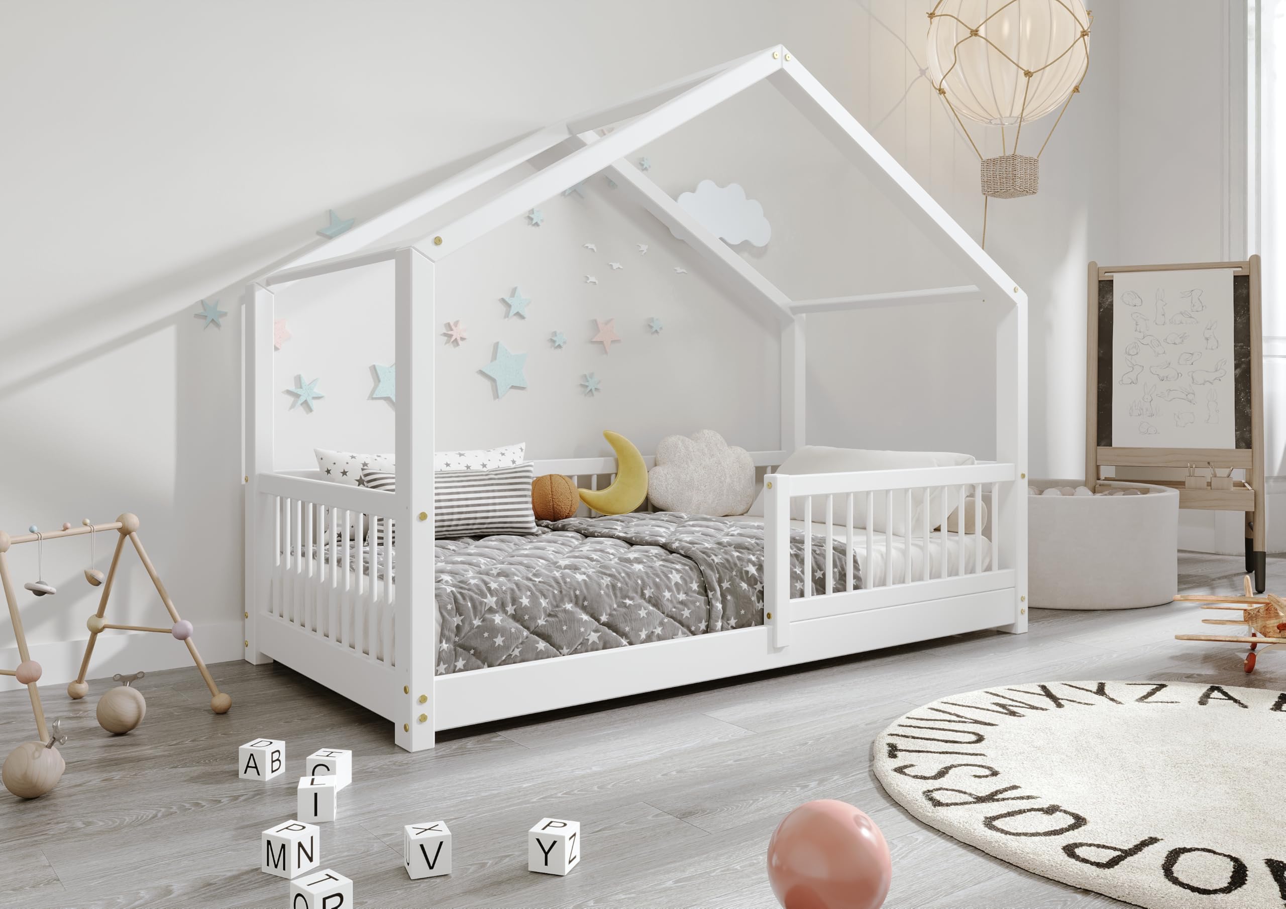 TIMBEE MURLO - Kinderbett Holz - Hausförmig mit Sprossen - Solide Konstruktion aus Naturholz - Langlebig und elegant - Weiß - 90x180cm - 3cm Lange Beine