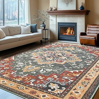 Christmas Area Rug 8x10 Red Washable Living Room Carpet Vintage Floral Holiday Decor Indoor Bedroom Accent Rug Decorative Non Slip Low Pile Xmas Carpet for Dining Room Office Playroom