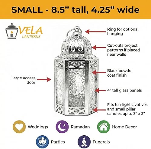 Miniatura 5 de VELA LANTERNS Farol portavelas marroquí decorativo de metal negro de 8.5 pulgadas, interiorexterior, decoración del hogar, patio, bodas, decoración