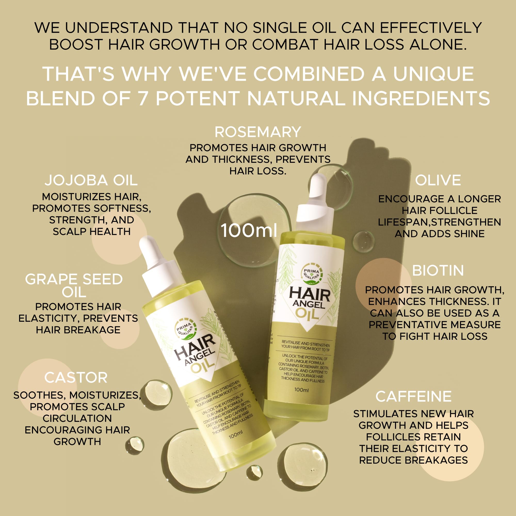 Prima Qualitas Hair Growth Oil with Rosemary, Caffeine, Biotin, Castor, Jojoba, Argan, Treat Dry, Damaged Hair, Split Ends - Image 3