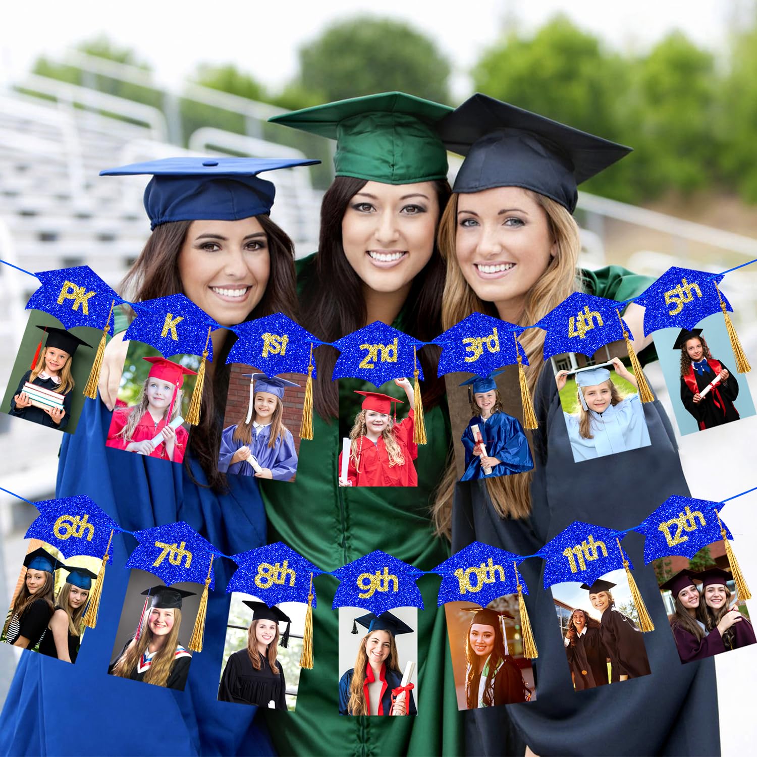 Blue and Gold K-12 Graduation Photo Banner with Tassel, Kindergarten to 12th Grade Graduation Picture Banner for Grade Photo Kindergarten 2025 Party Decorations Blue and Gold