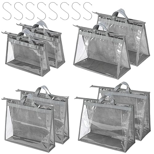 CINPIUK Handbag Dust Bags Clear Purse Storage Organizer for Closet Small to Extra Large Handbags Dust Free Bags Hanging Zipper Storage Bag with Hooks, ( Grey, 4 Sizes-8PCS)
