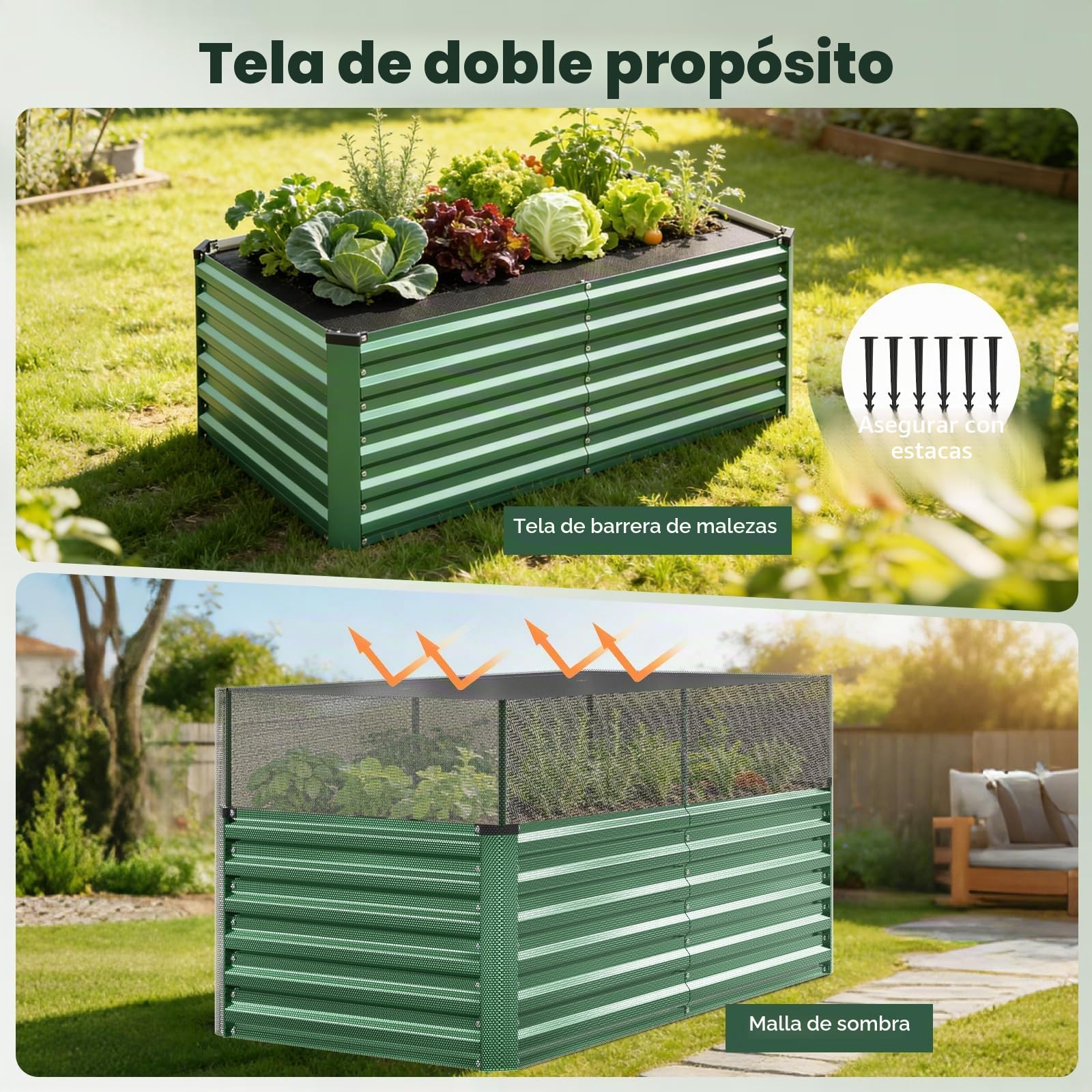 Maceta de Jardín Elevada de Metal 240x120x60 cm, Maceta de Plantación de Acero Galvanizado Resistente con Red de Protección y Tela Antihierbas, Extra Ancha y Estable, Ideal para Cultivo de Verduras
