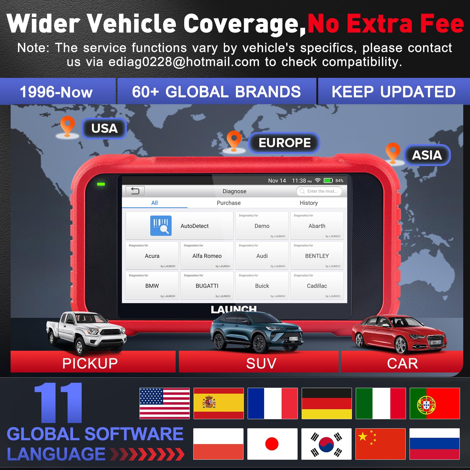 LAUNCH CRP123E V2.0 OBD2 Diagnosis Coche Multimarca Español con 4 Sistemas y 7 Funciones de Reinicio Lector de Código Sistema de Motor ABS SRS Transmisión, Reset de Aceite ETS SAS, WiFi Actualización