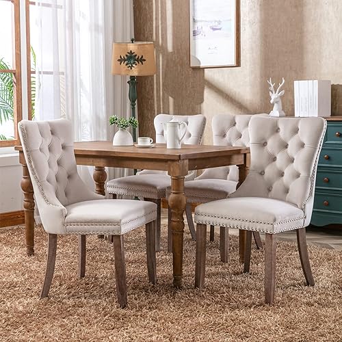 Miniatura 2 de Silla de comedor, cómoda silla de comedor tapizada de terciopelo, altura del asiento de 20 pulgadas, patas de madera maciza, patas de clavo, sillas