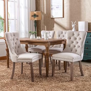 Dinning Chair, Comfortable Velvet Upholstered Dining Room Chair, 20 Seat Height, Solid Wood Leg Nailhead Trim, Modern Kitchen Dining Chairs Set of 2, Beige