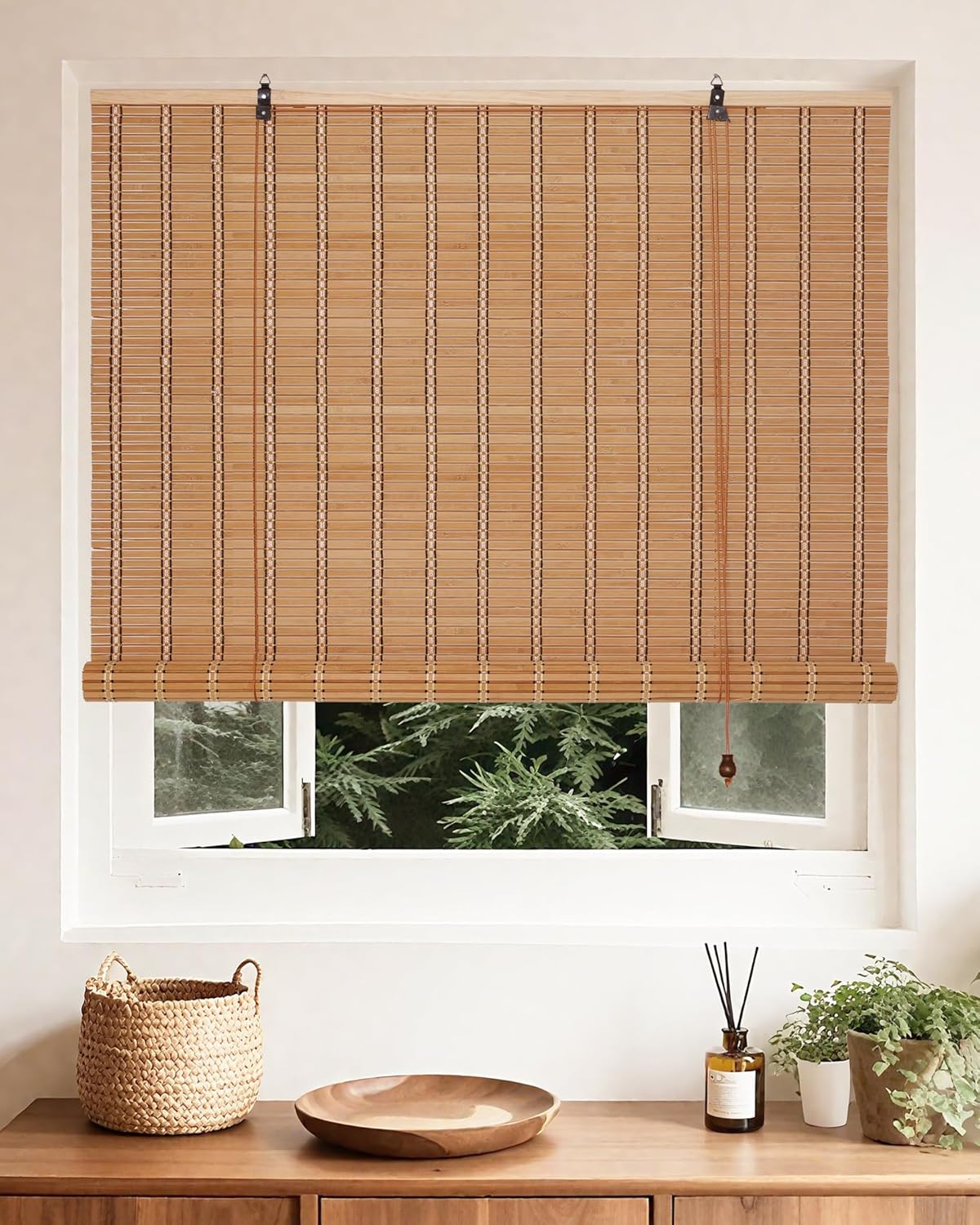 FoundGo 72 W*72 H Bamboo Roller Blinds Sun Shade, Retro Light Filtering Bamboo Curtains for Windows, Doorways