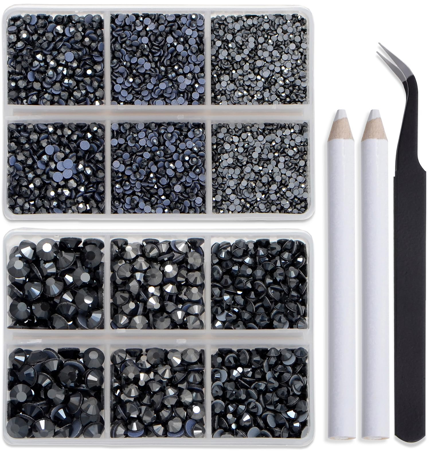 Bymitel Hotfix Crystal Rhinestones Round Gems for Crafts,Mixed 6 Sizes with Wax Pencil Kit, Jet Hematite 1.6-6.3mm SS4-SS30/8000pcs