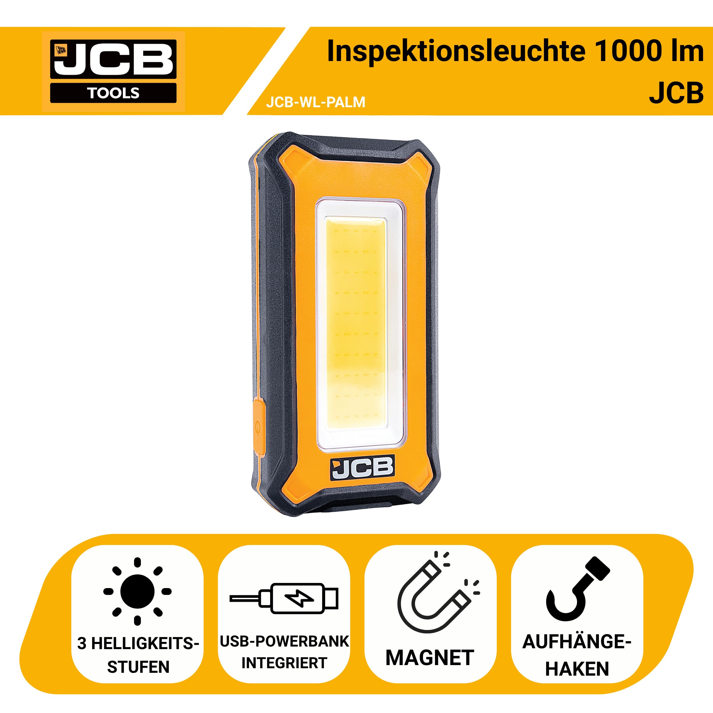 JCB Work Lights LED-Arbeitsleuchte 1000 Lumen, kompakte Werkstattlampe mit 3 Helligkeitsstufen, USB-C aufladbar, Magnet & Haken, IP54, nur 140 g, JCB-WL-PALM