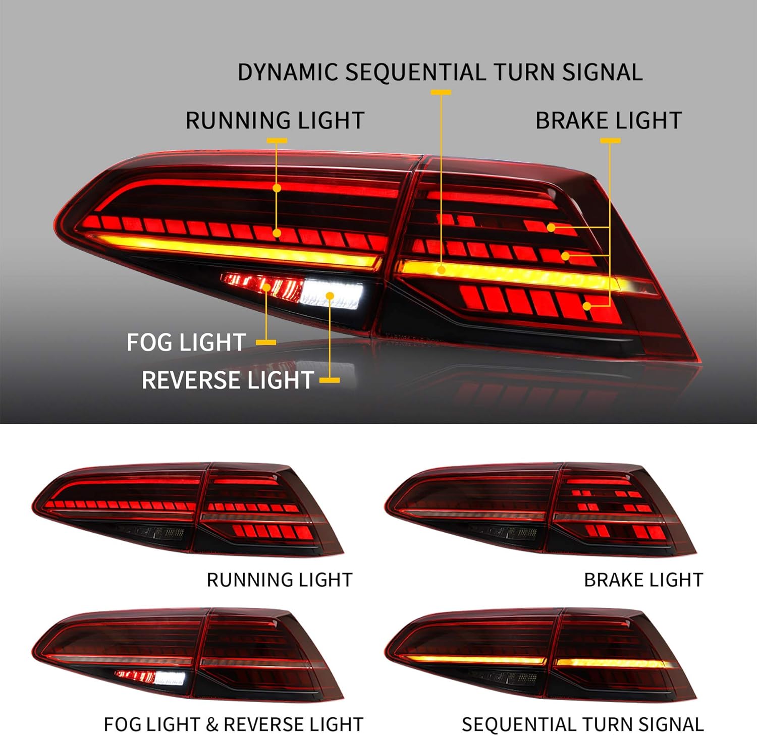 VLAND LED Tail Lights Assembly Compatible for Golf7 MK7 Golf7.5 TDI & TSI 2014-2020 with Sequential Turn Sinal Rear Lamp Assembly, (Not for GTI/R)