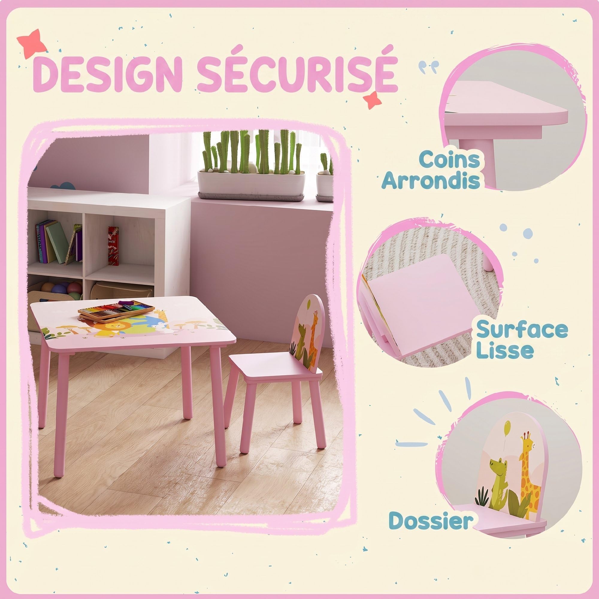 AIYAPLAY Table Enfant avec Chaise en Bois pour Fille Garçon 3-8 Ans Rose
