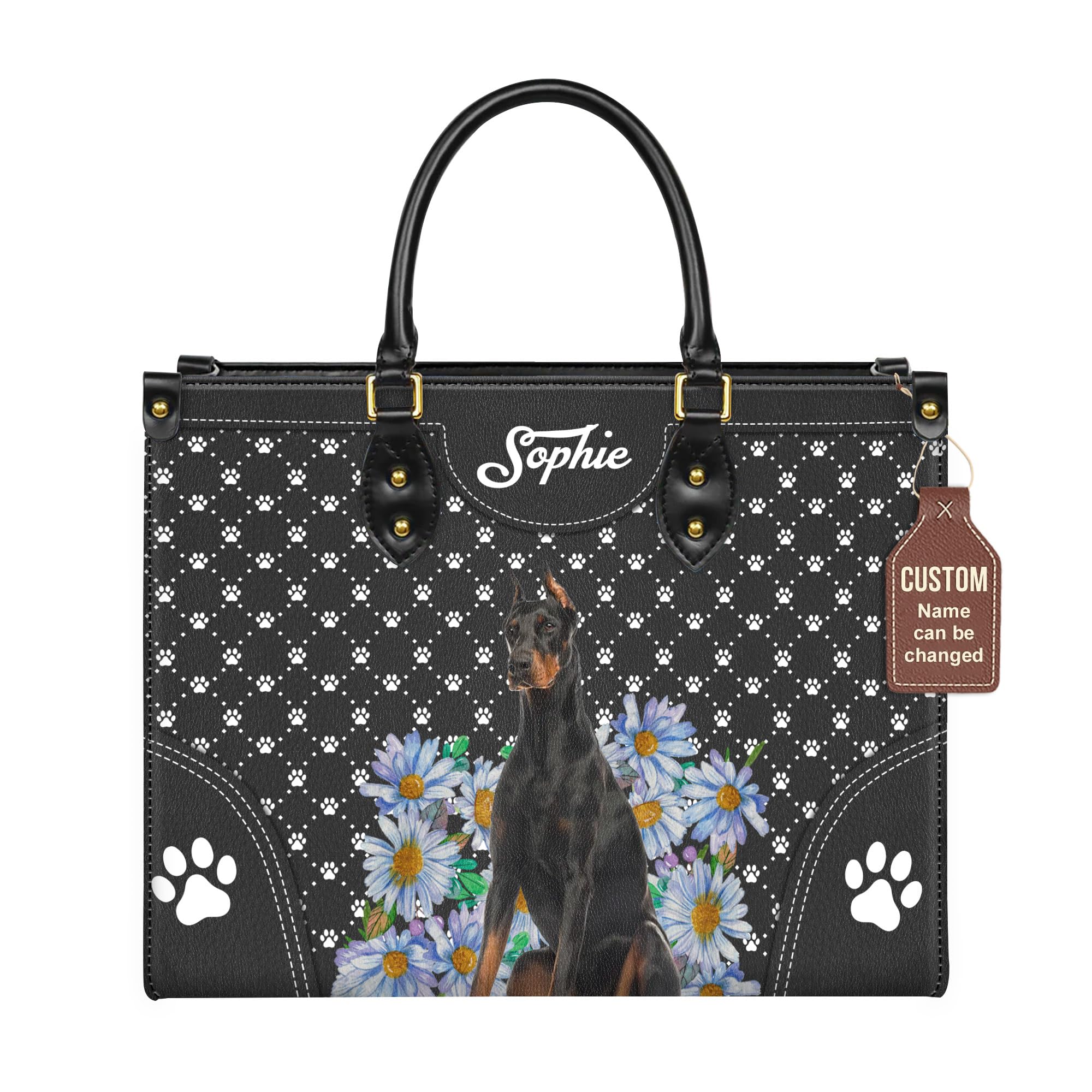 Personalized Doberman Pinscher Dog Handbags, Custom Name Dog Leather Bags, Purses, Shoulder Bag, Gift For Dog Mom Dog Lover Black