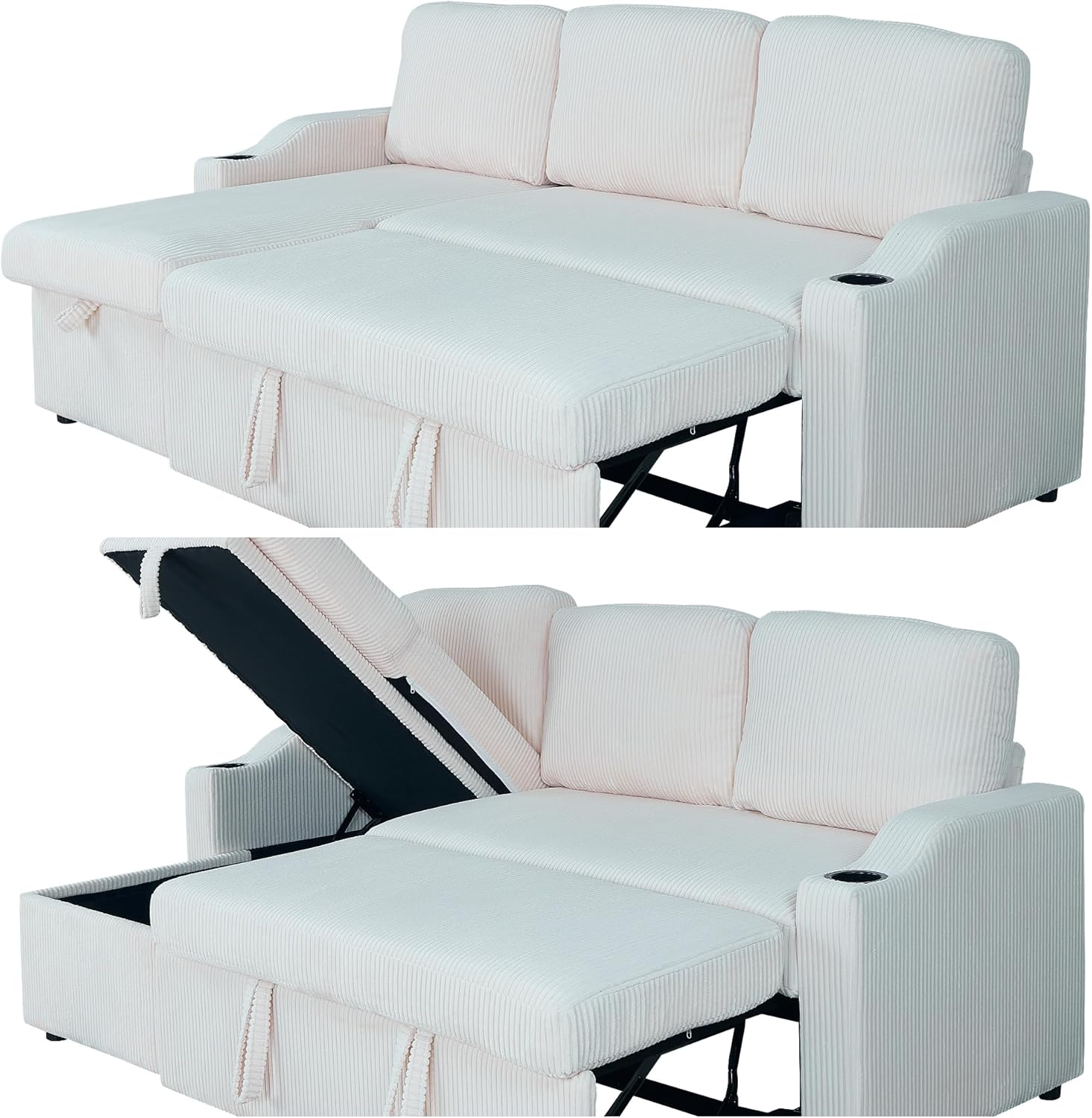 Couch, Pull Out Sectional Sofa for Living Room, Couch with Pull Out Bed, Sectional Sleeper with Chaise, Movable Seat Cushion and Backrest, Corduroy Sleeper Sofa Bed with Cup Holder, Beige