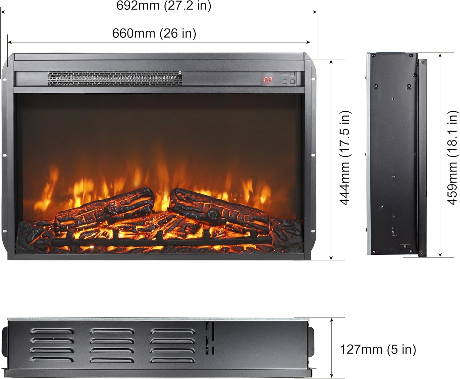 26 Inch Electric Fireplace Inserts, Ultra Thin Fireplace Heater with Log Set & Realistic Flame, Remote Control with Timer, Overheating Protection, Black