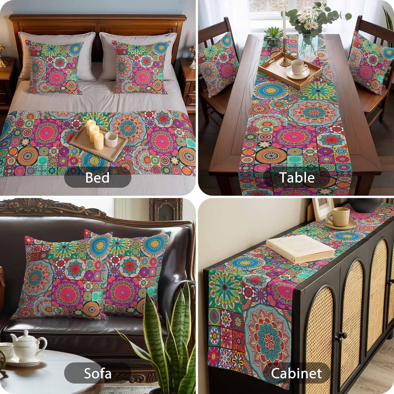 Abstract Colorful Floral 3pcs Bed Runner Set - 1 Scarf and 2 Pillowcases, Ethnic Style Countryside Flowers Soft Bedding Scarves for Bedroom Hotel Wedding Decor, 83”x20” image 4