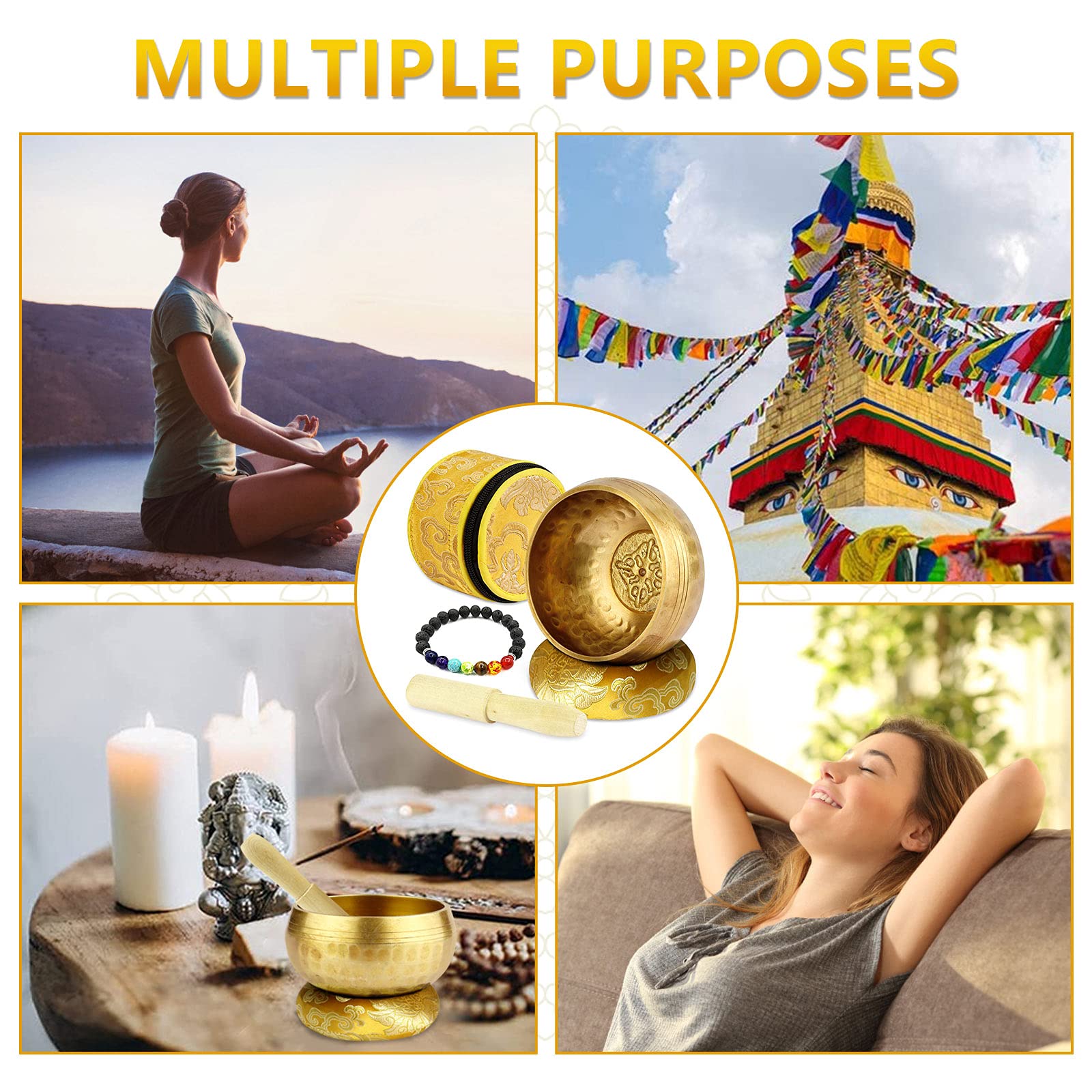 Campana Tibetana Meditazione Con 7 Pietre Chakra - Set Completo Con Bastone E Borsa Trasporto Set Campana Tibetana 7 Chakra - 2