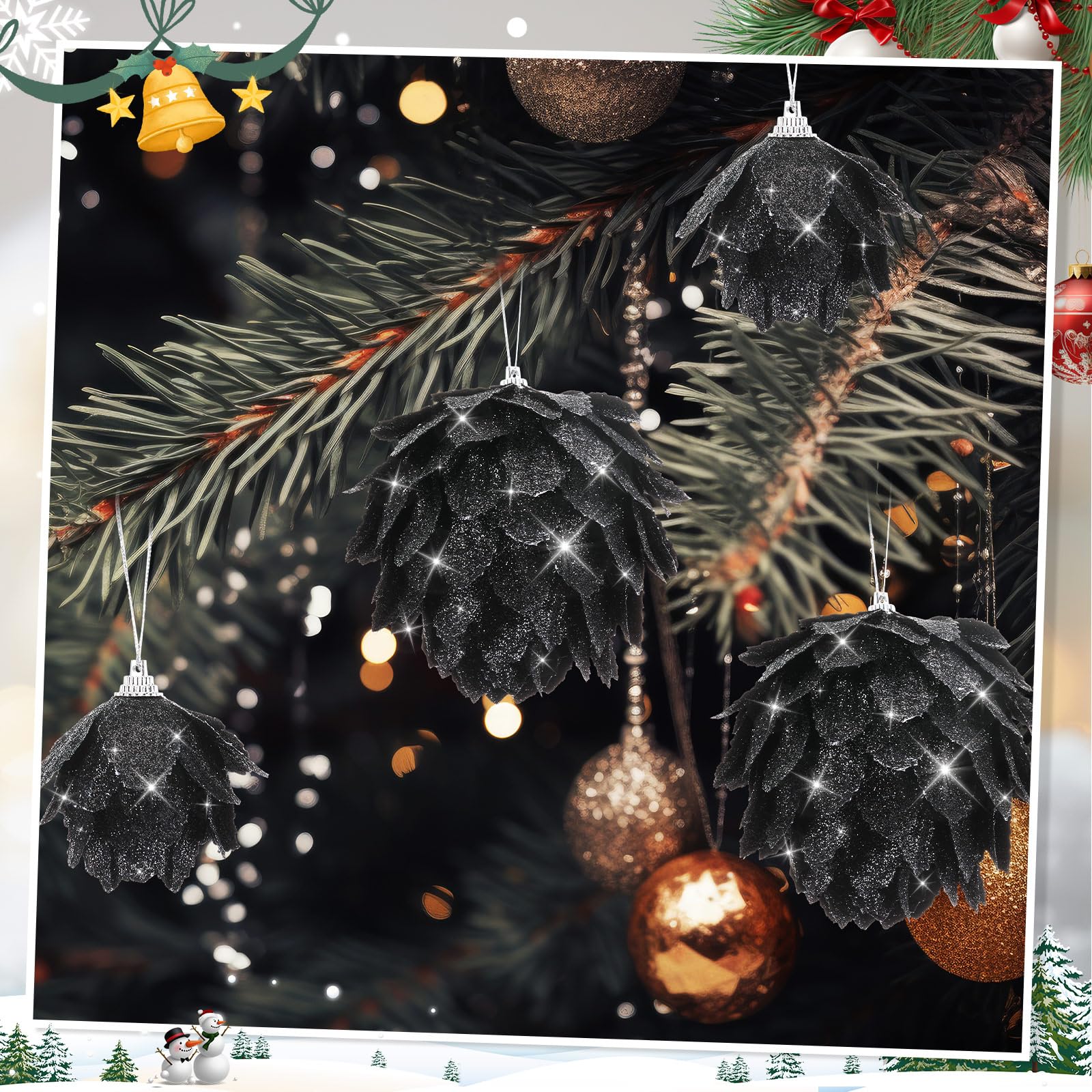 Syhood 12 adornos de bolas de Navidad con purpurina, decoración de árbol de Navidad, bolas de piña colgantes, conos de pino rústicos para Navidad, fiesta de invierno, vacaciones, boda, decoración del