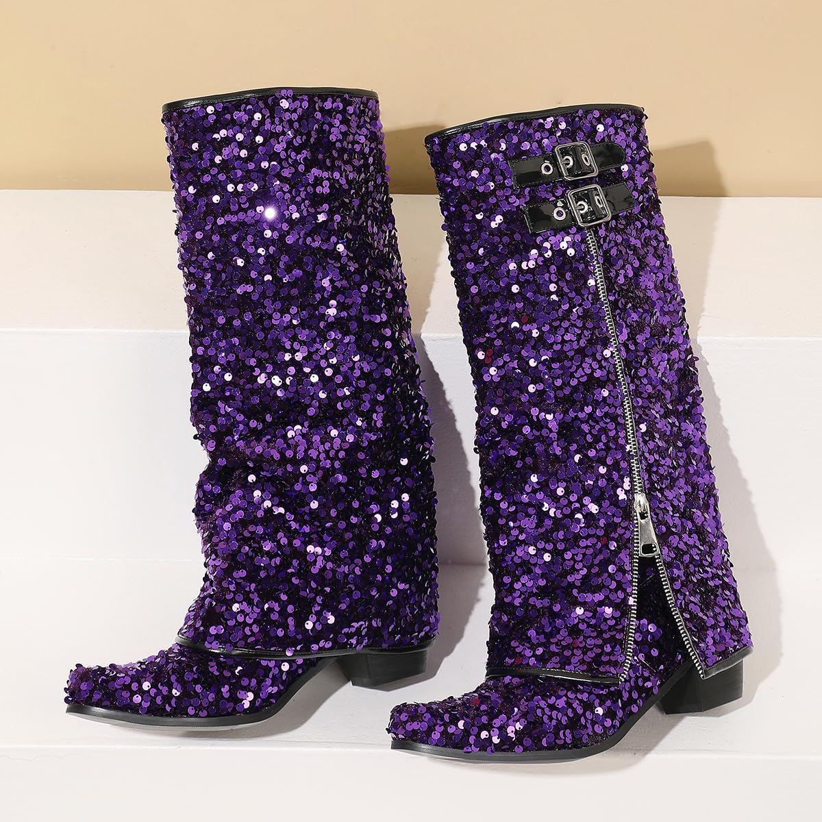 Sequined Glitter Padlock Knee High Boots Chunky Heels Sparkly Wide Calf Boots for Women