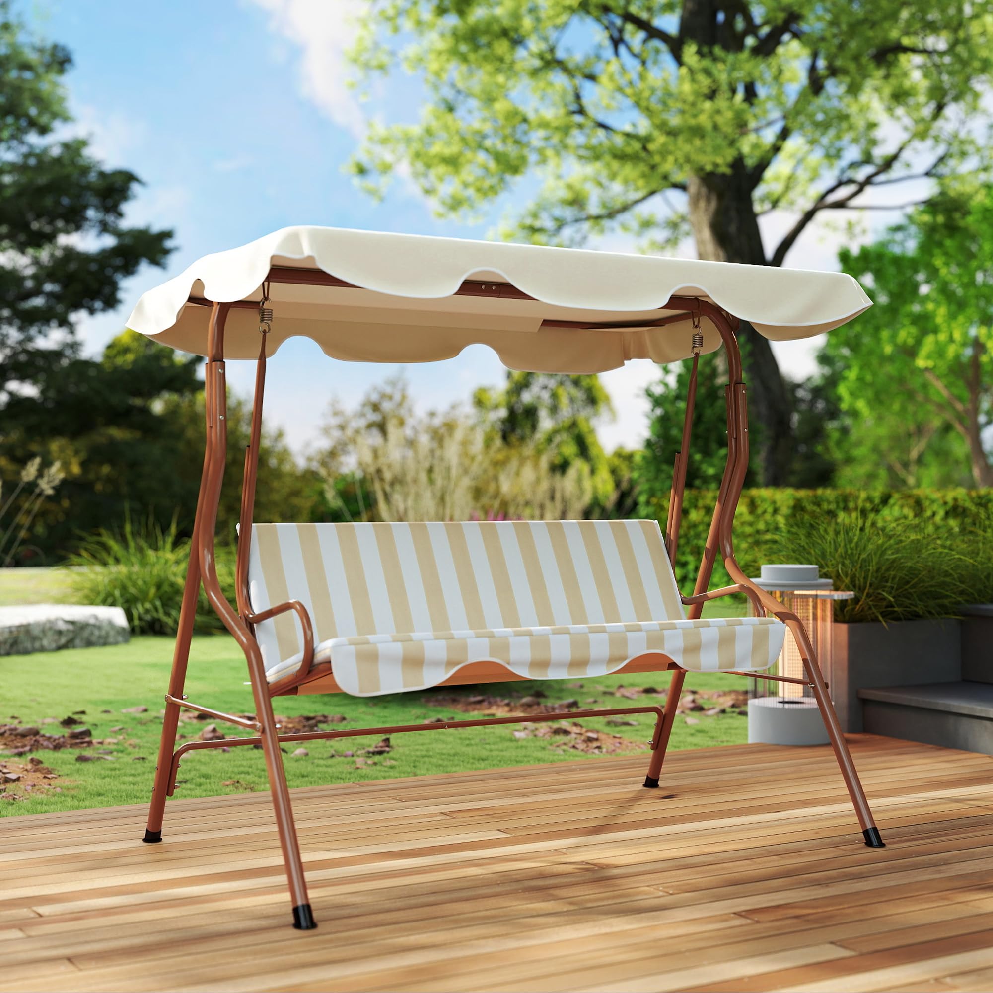 Outsunny Balancelle de Jardin 3 Places Toit imperméabilisé Inclinaison réglable Acier Polyester Marron crème rayé