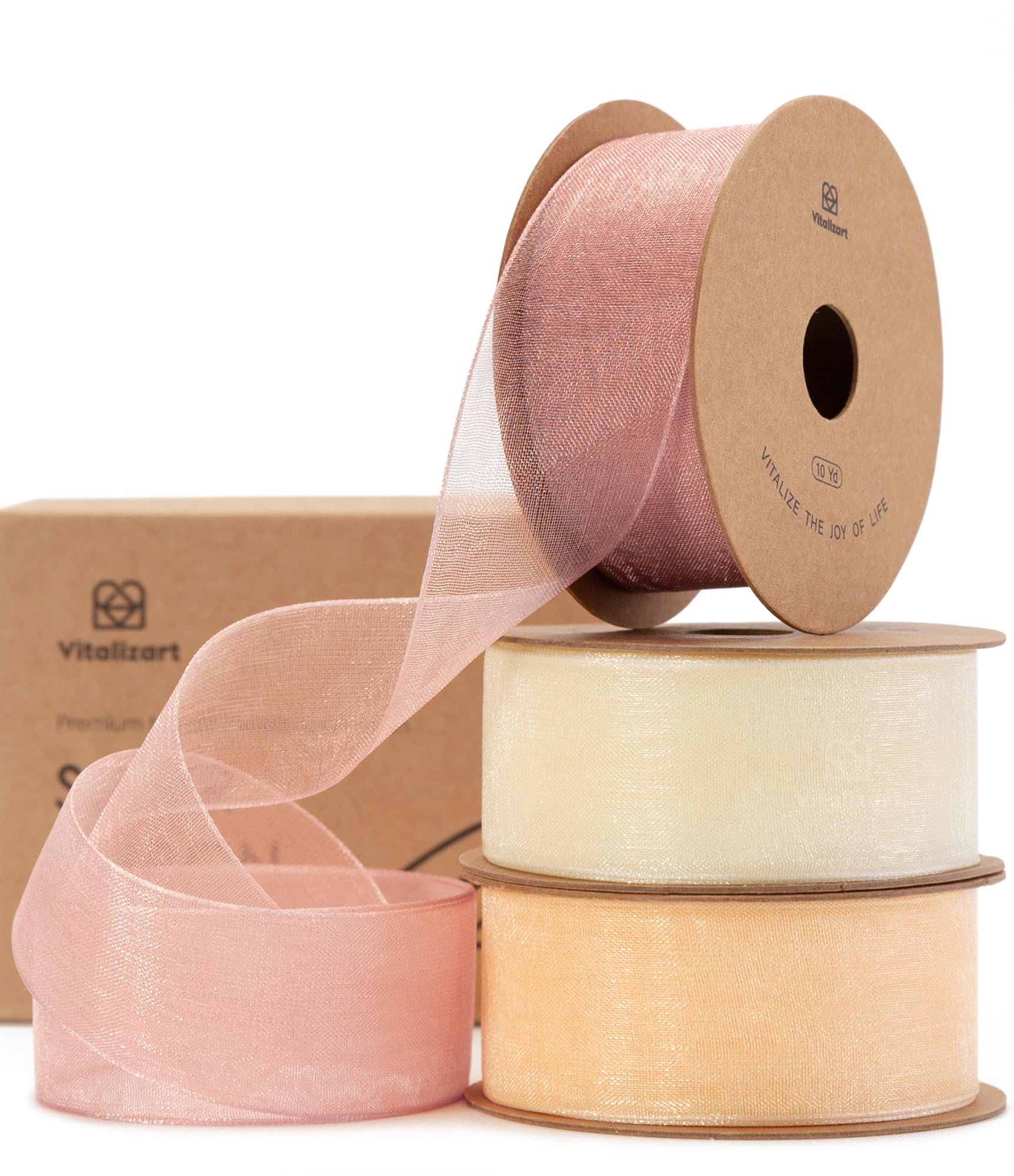 Vitalizart Cream & Rose Gold Organza Sheer Ribbon 1 inch x 30Yd Pink Ribbon Handmade Fabric Ribbons for Gift Wrapping Christmas Tree Crafts Bows Wedding Invitations Wreaths Wrap PeachOEKO-TEX STANDARD 100