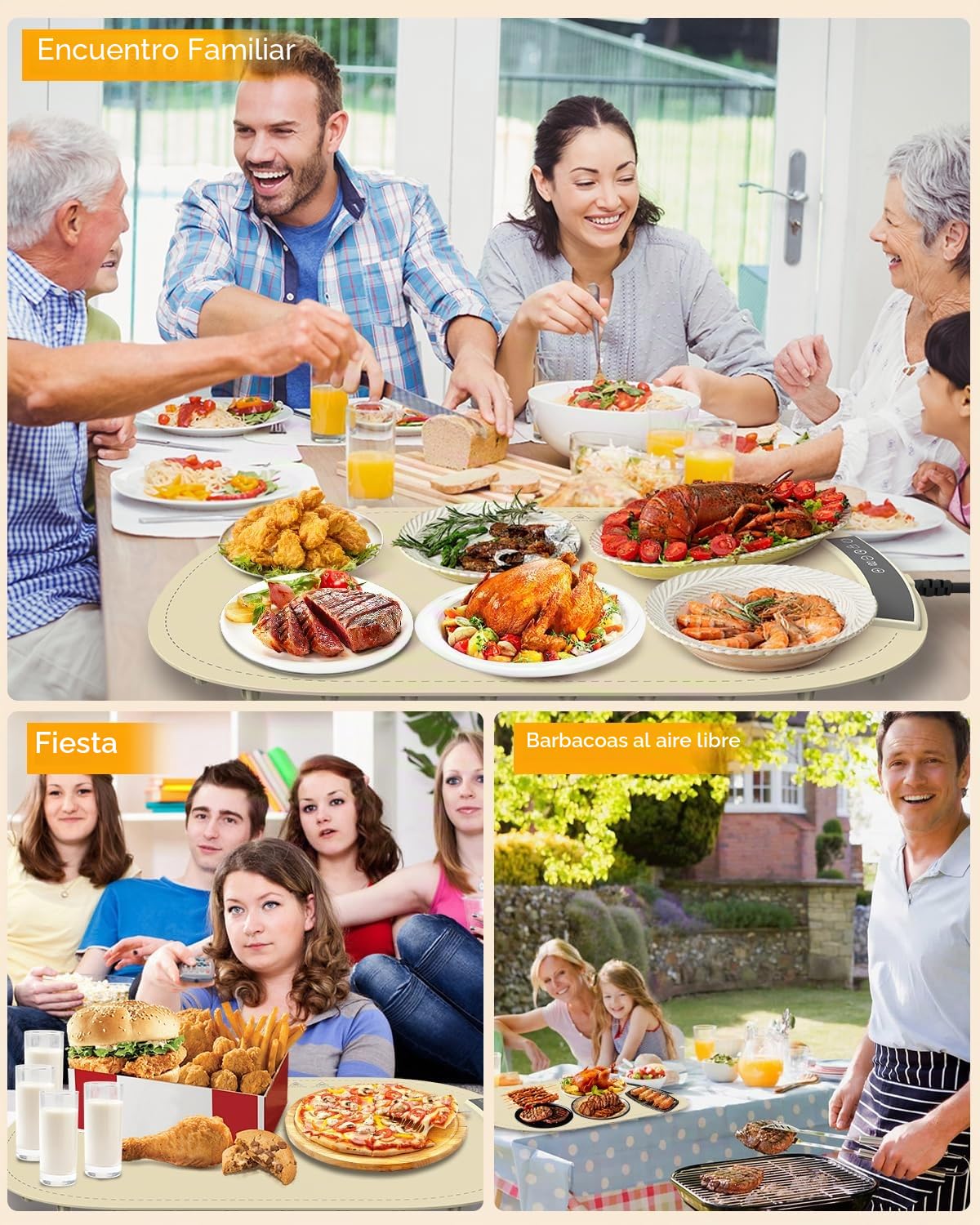 MQFORU Bandeja Calefactora Comida (60x40cm), Placa Calentadora Silicona Portátil Plegable con 7 Ajustes de Temperatura, Temporizador de 4 Horas y Bloqueo de Seguridad, Función de Bloqueo para Niños