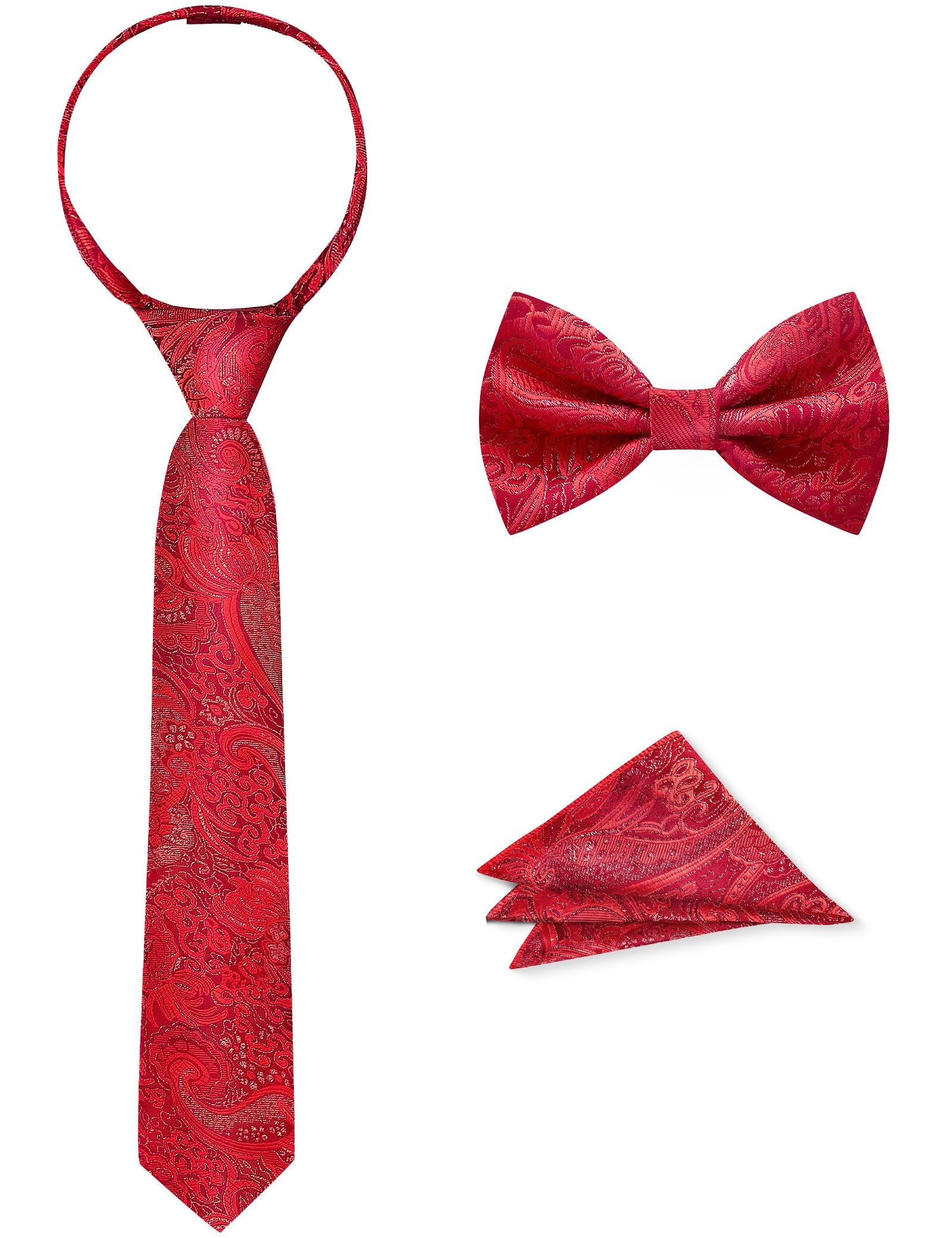 Boys Tie Set, Bow Tie &amp; Pre-Tied Zipper Necktie, Pocket Square