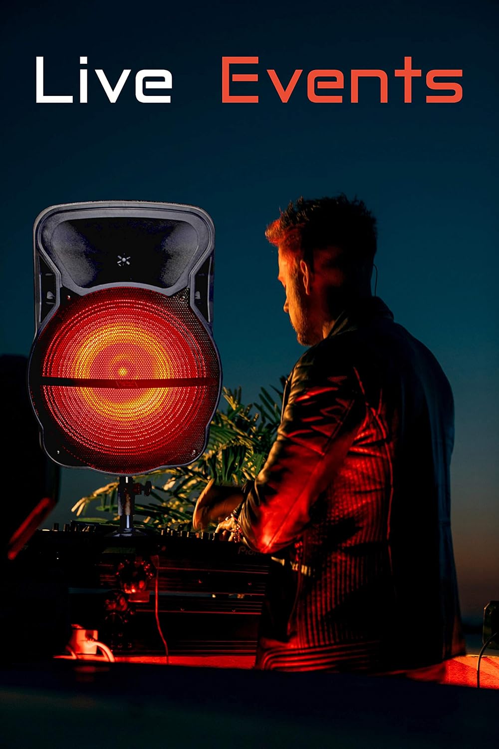 Фронт view of the TOPTECH Audio Jet-15 portable speaker with a vibrant red LED light display.