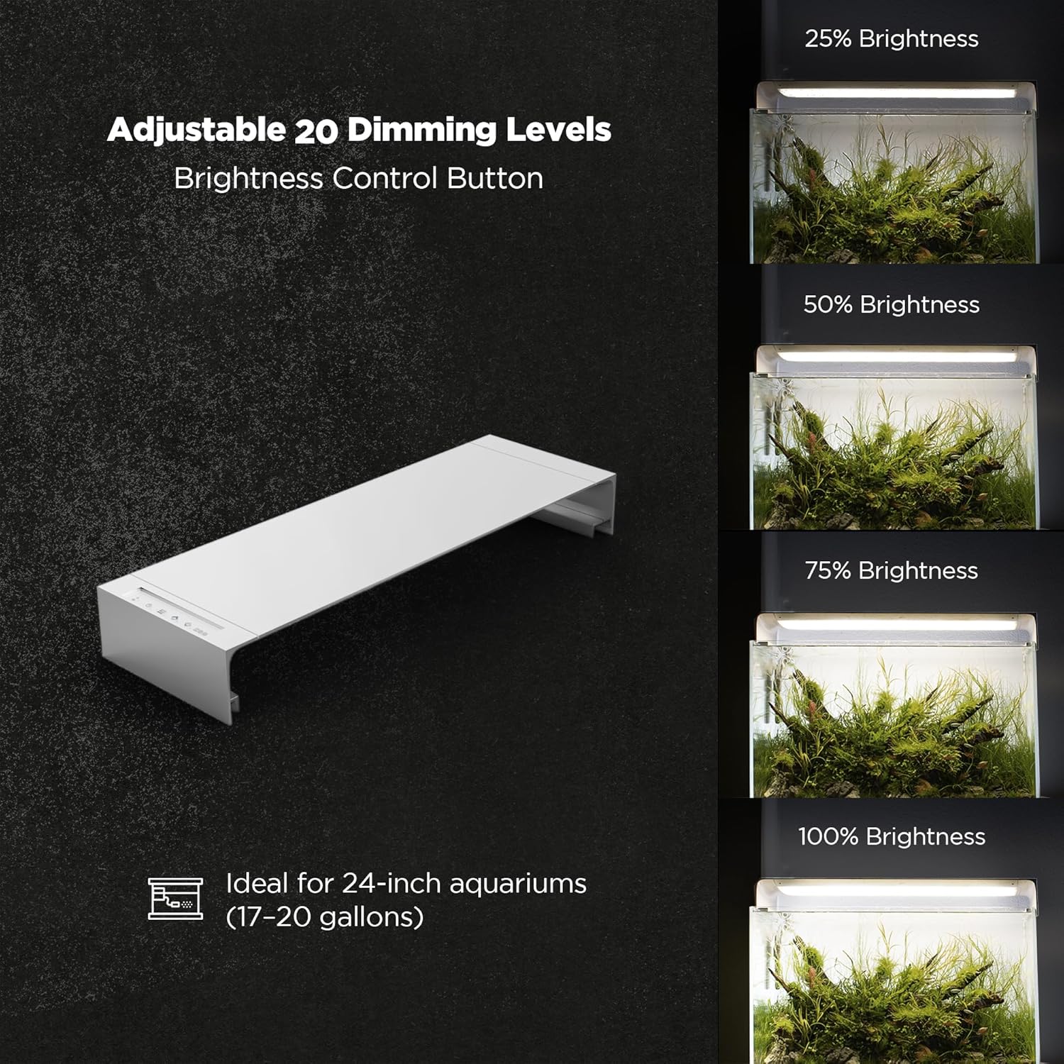 ONF Flat One+ 24 Inch 24/7 Cycle Aquarium Light, Yellow White Full Spectrum Colorfull LED Light, Fish Tank Light Brightness Dimmable & Color Temperature APP Controlled, Sunrise & Sunset Hood Style