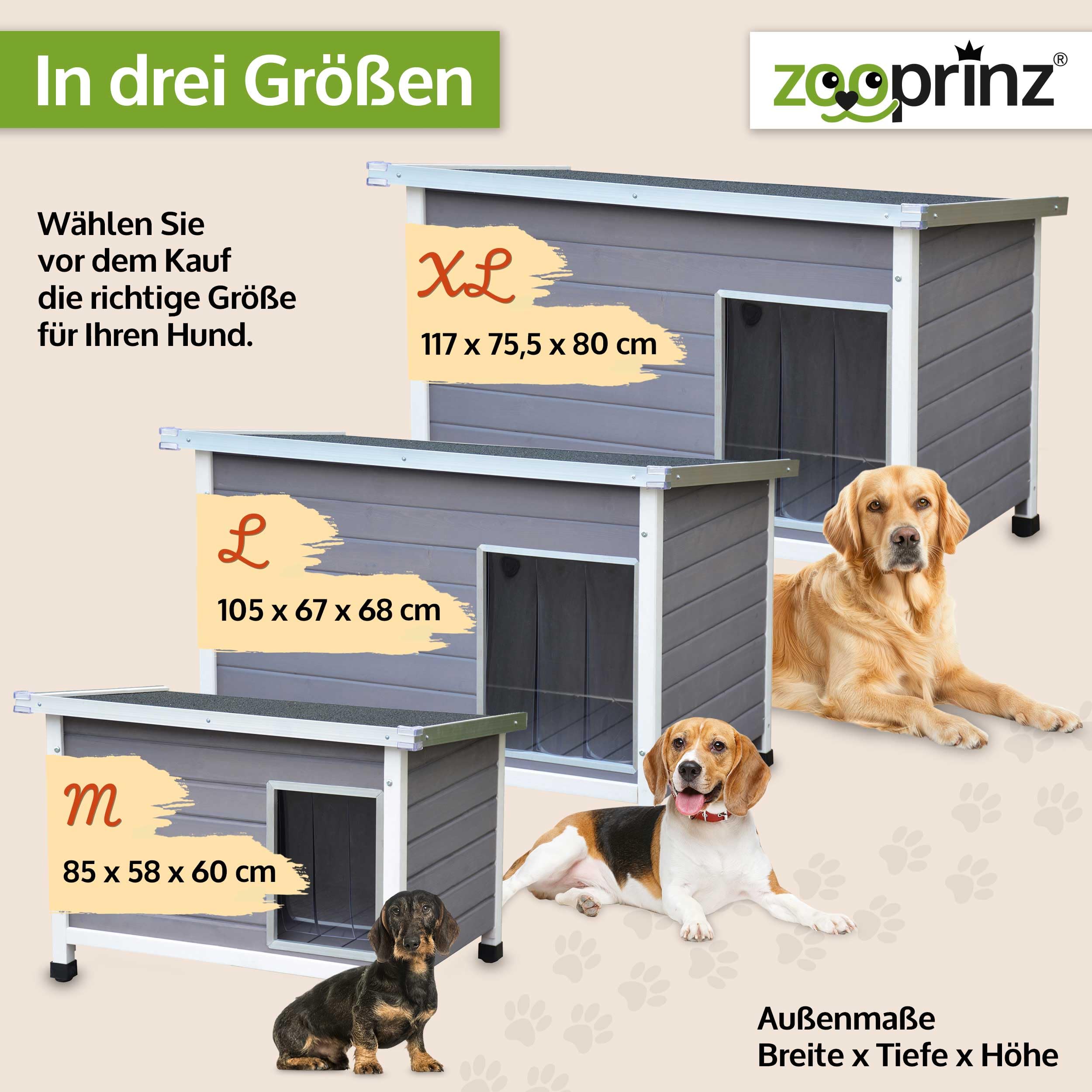 zooprinz Exklusive Hundehütte Jacky – aus wetterfestem & massivem Holz mit Metallrahmen, Dach zum Öffnen, Lamellentür & Kunststofffüßen – Hundehütte für Indoor und Outdoor (Hellgrau, XL)
