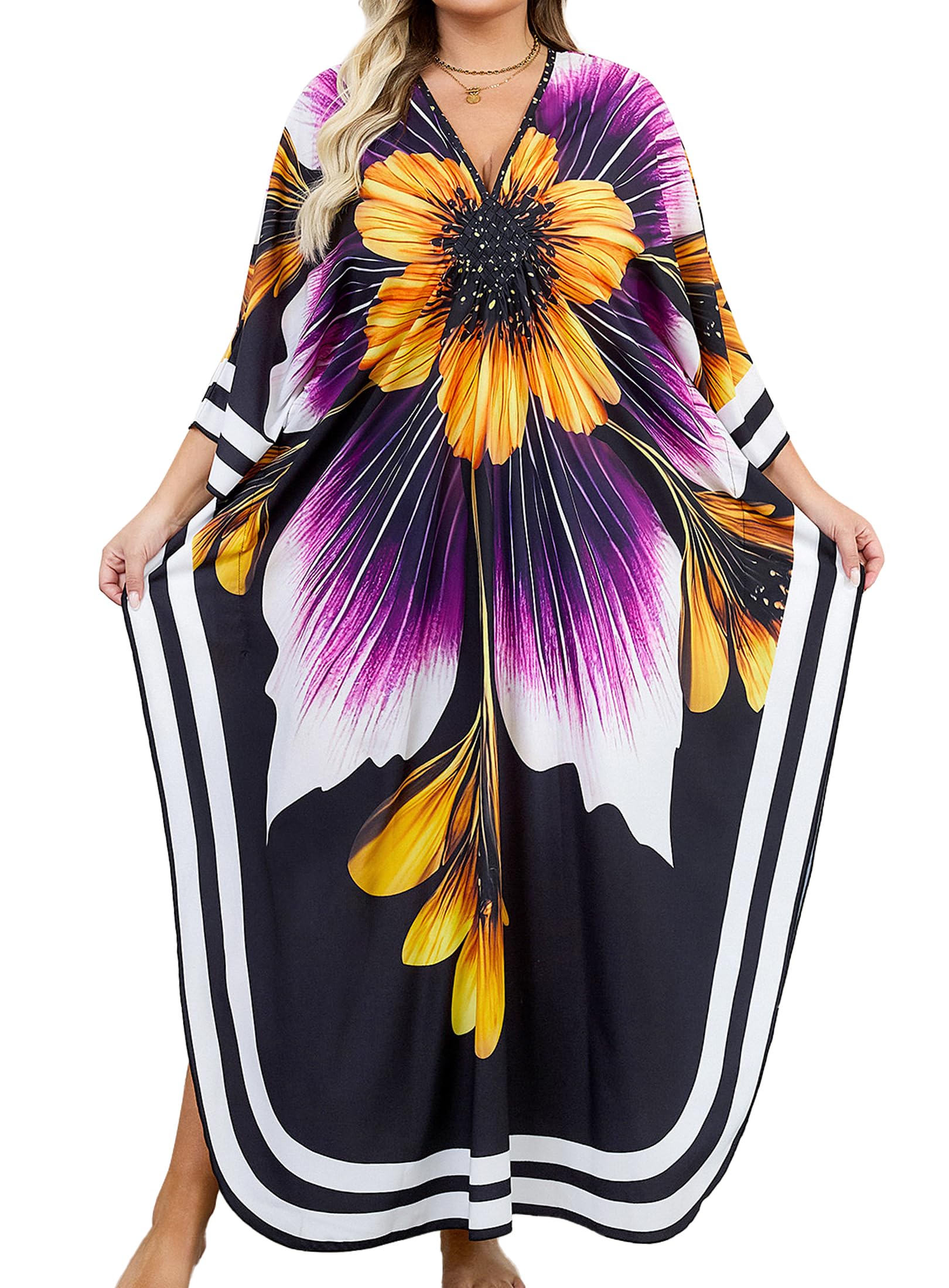 Yanziliu Kaftan Dresses Plus Size V-Neck Women's Swimwear Cover Ups Tie Dye Batwing Sleeves Mumu Caftan Dress