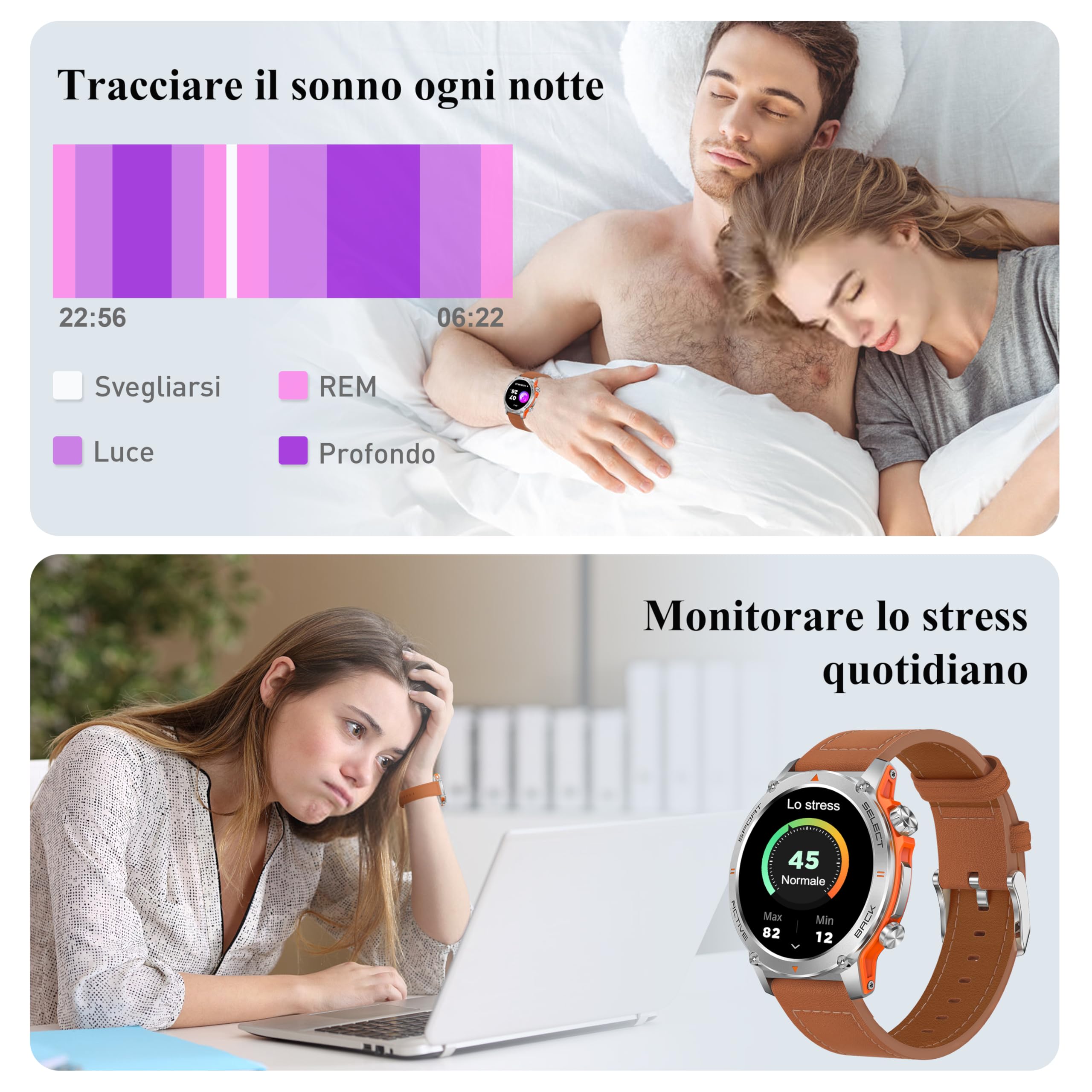 Popglory Smartwatch Uomo Donna, 1.43" AMOLED Orologio Chiamate, Orologio Digitale con Frequenza Cardia/SpO2/Pressione Sanguigna/Sonno/Contapassi, 110+ Sportive Fitness Tracker (No GPS Navigatore)